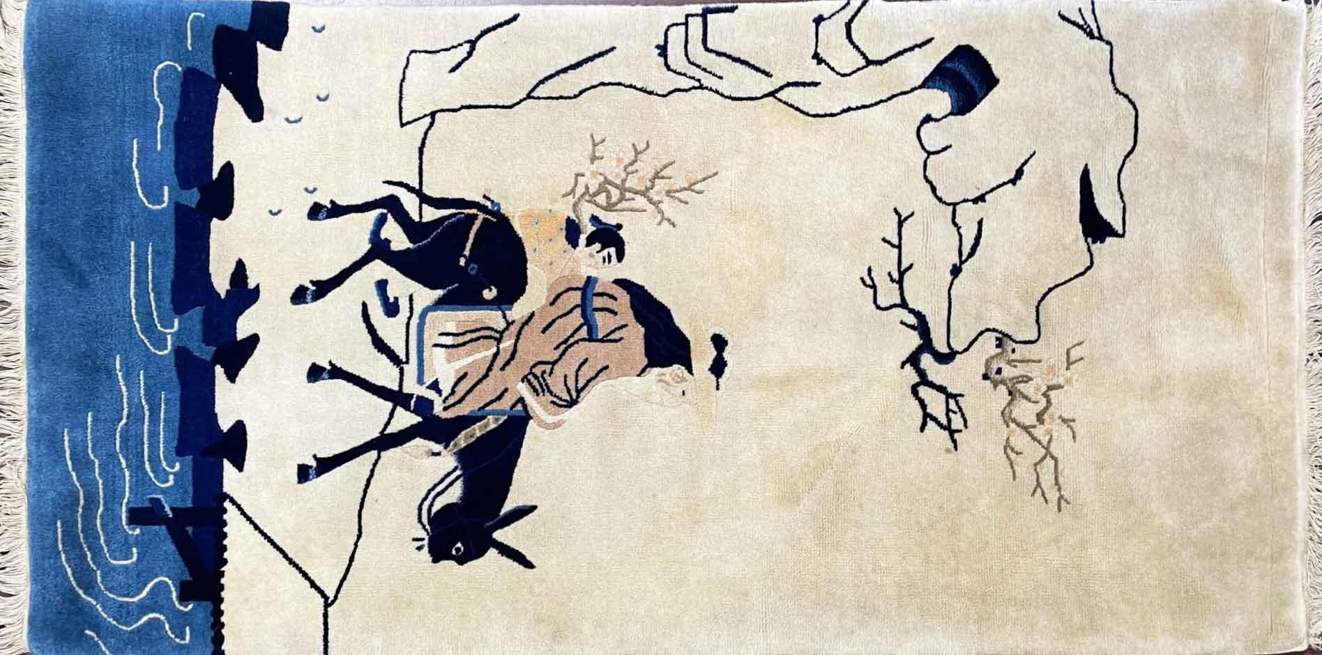 Antiker Art-Déco-/Peking-Teppich 2''7 x 5'', malerisches Design, ca. 1940''s  im Angebot 1