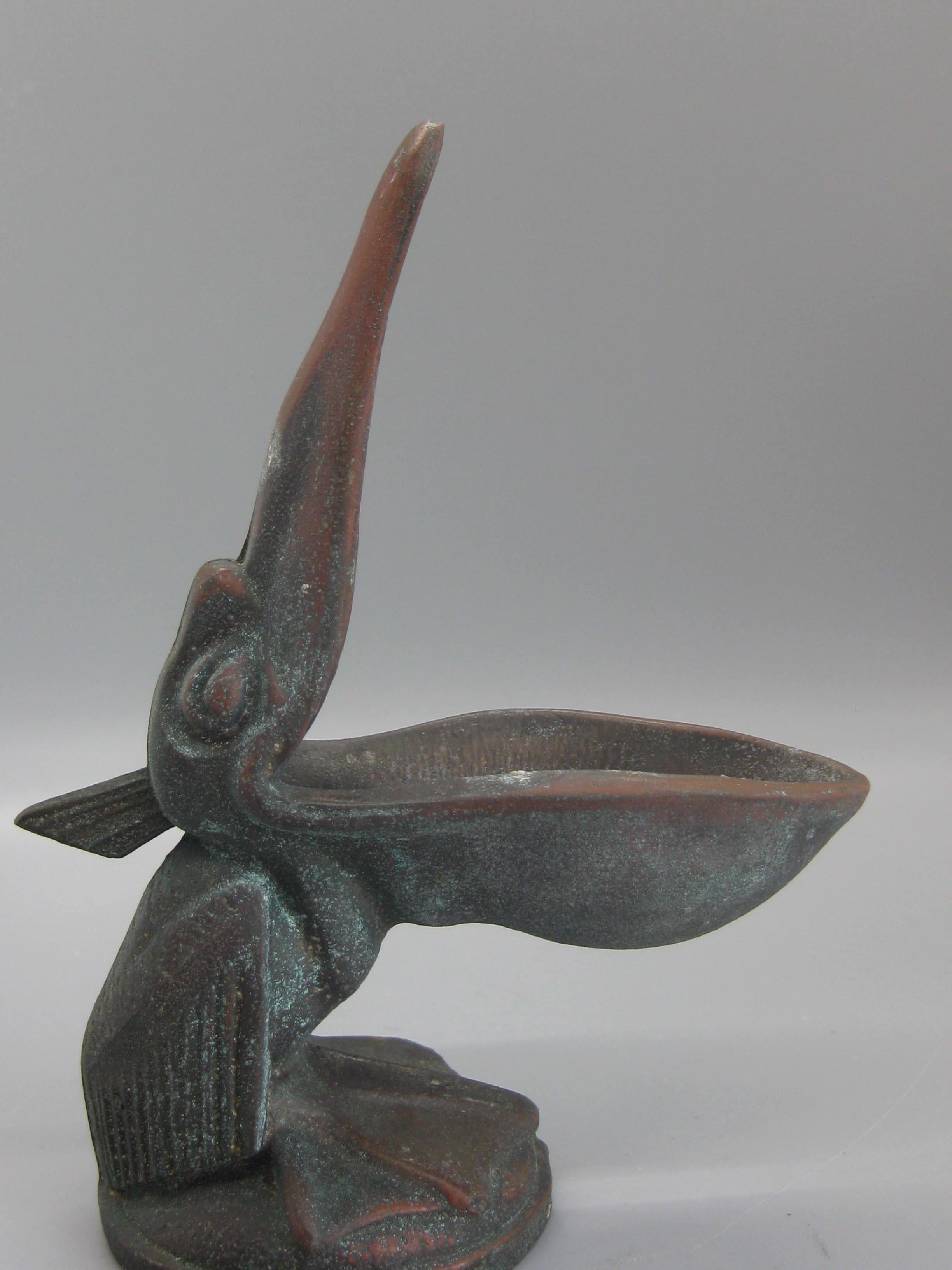 Antique Art Deco Pelican Bronze Figural Miami Florida Souvenir Cigar Ashtray 1