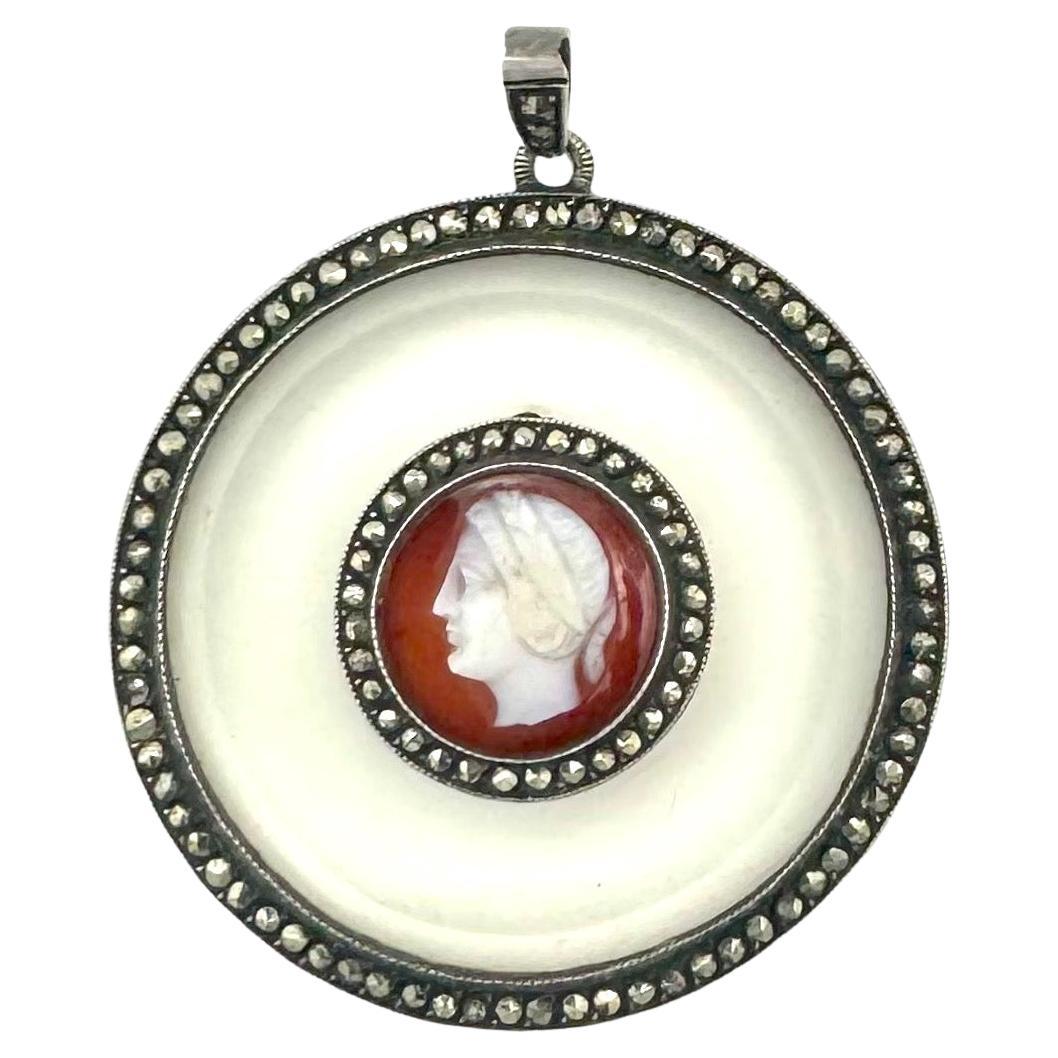 Antique Art Deco Pendant Frosted Glass Agate Cameo Marcasite Silver