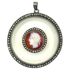 Antique Art Deco Pendant Frosted Glass Agate Cameo Marcasite Silver