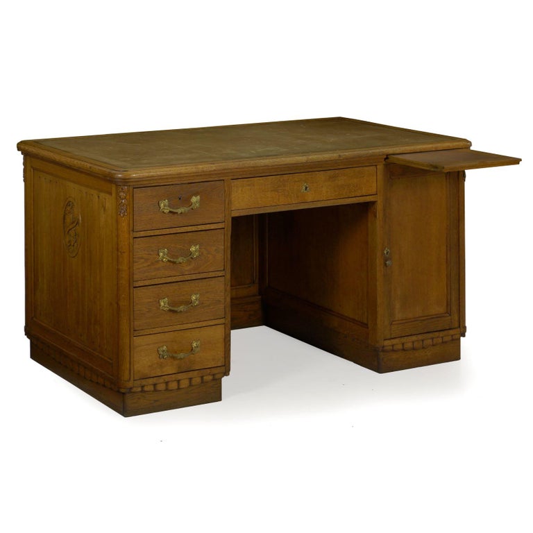 Antique Art Deco Period Carved Oak Pedestal Writing Desk With Leather Top
