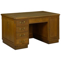 Antique Art Deco Period Carved Oak Pedestal Writing Desk with Leather Top
