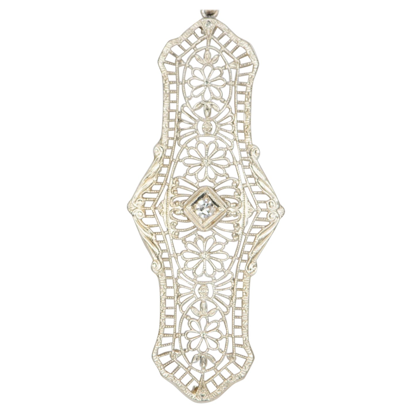 Antike Art-Déco-Anstecknadel-Konversion-Anhänger 14K Weißgold 3,2g V1093 im Angebot