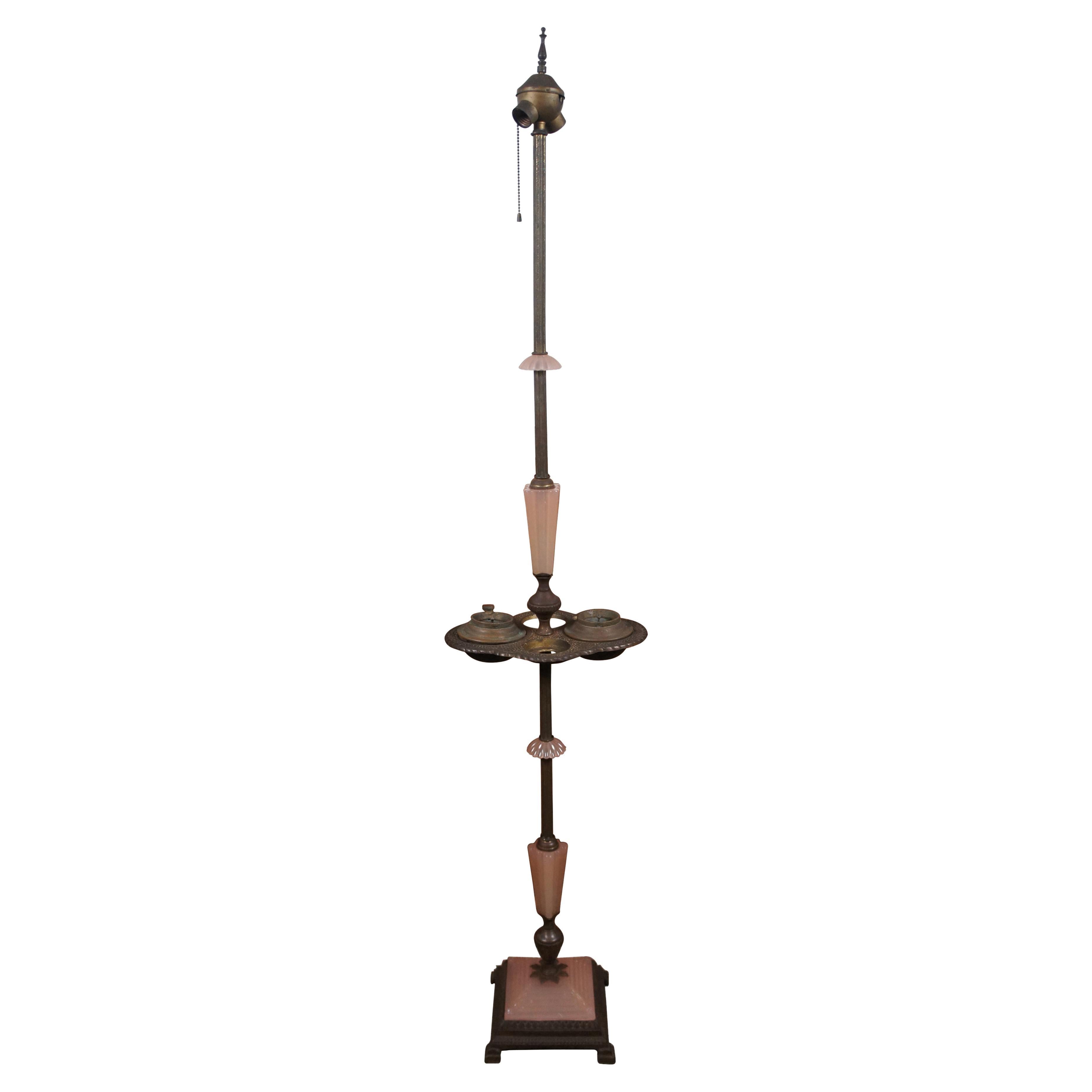 Antique Houze Art Deco Pink Glass Brass Smoke Stand Ashtray Floor Lamp Light 62"
