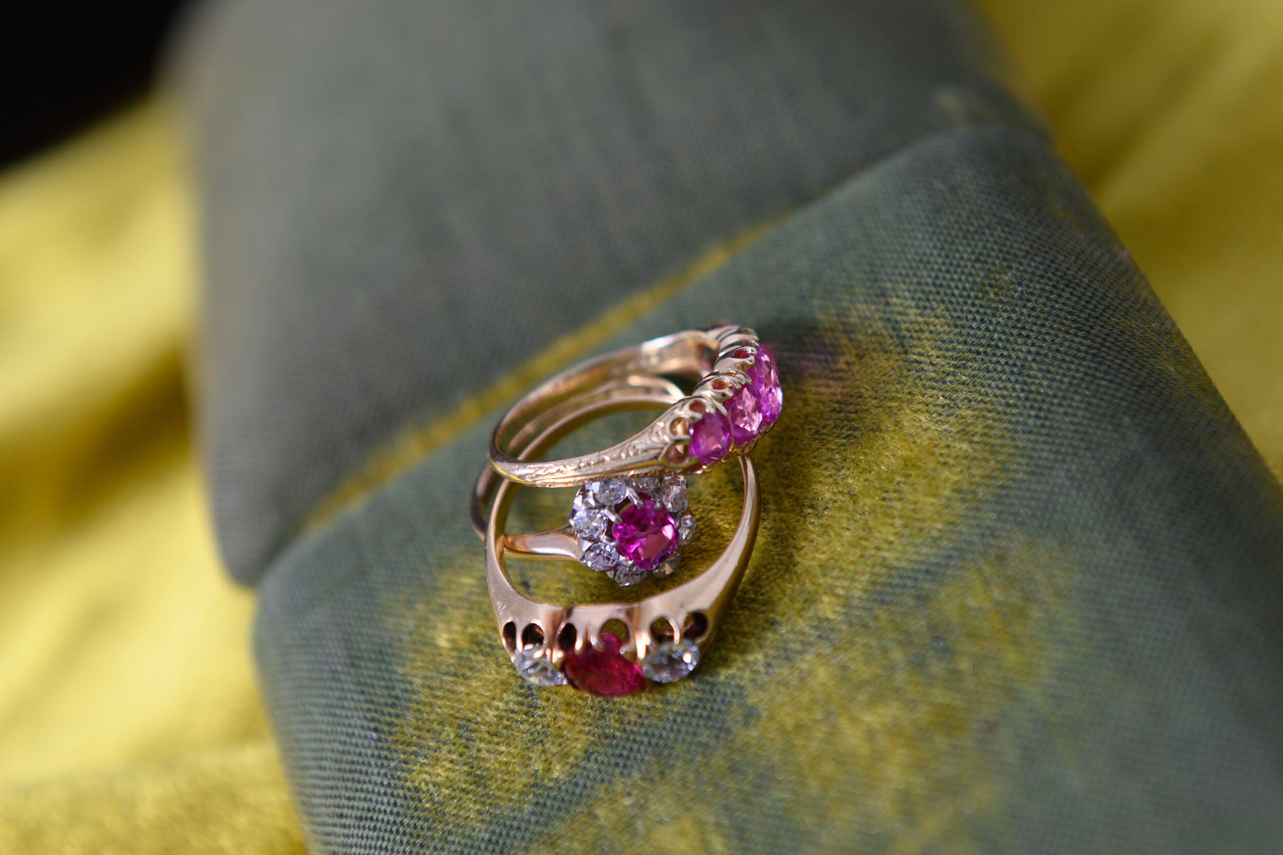 Old European Cut Antique, Art Deco, Pink Sapphire and Diamond Cluster Engagement Ring