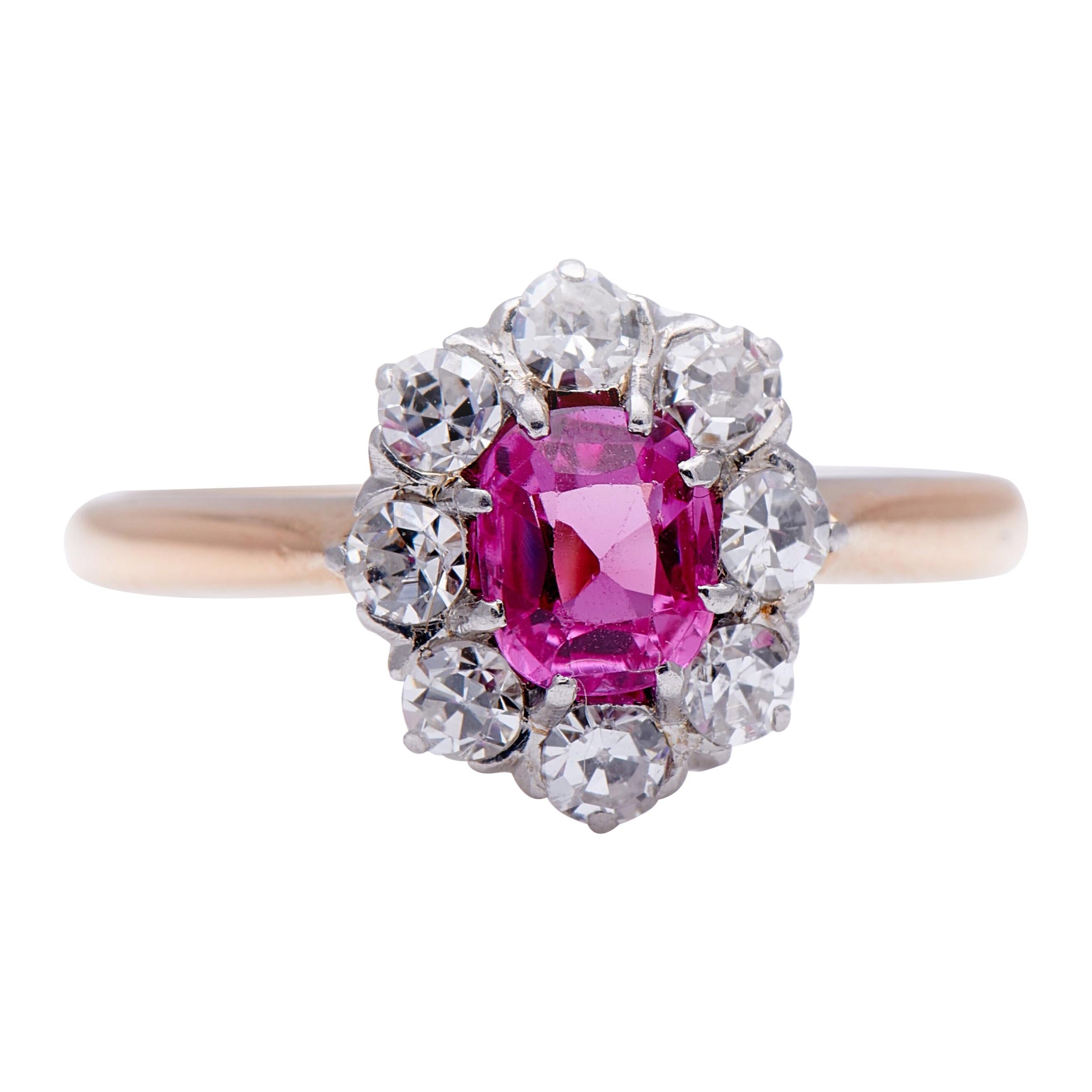 Antique, Art Deco, Pink Sapphire and Diamond Cluster Engagement Ring