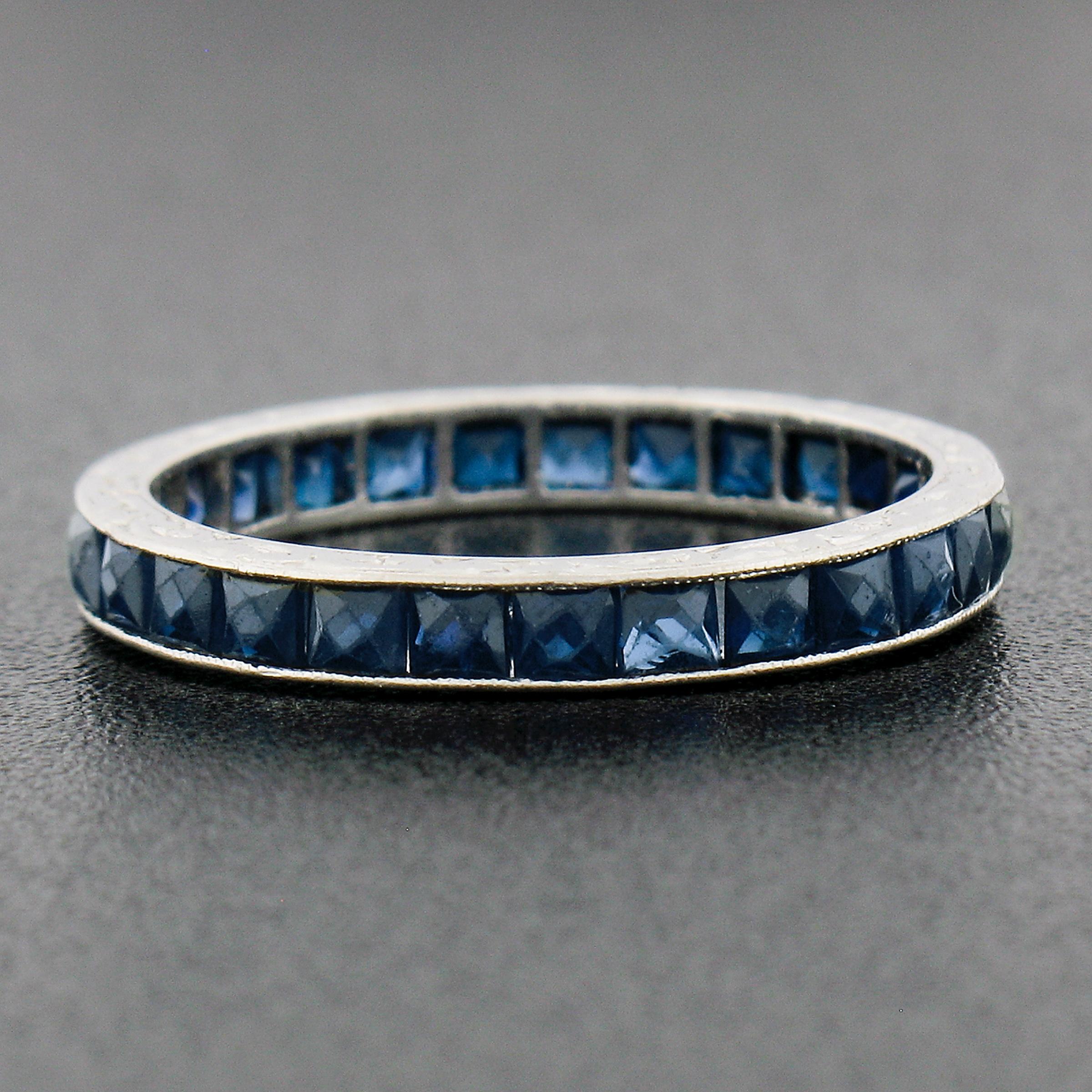 Square Cut Antique Art Deco Plat. 2ctw Sapphire Engraved Sides Eternity Stack Band Ring For Sale