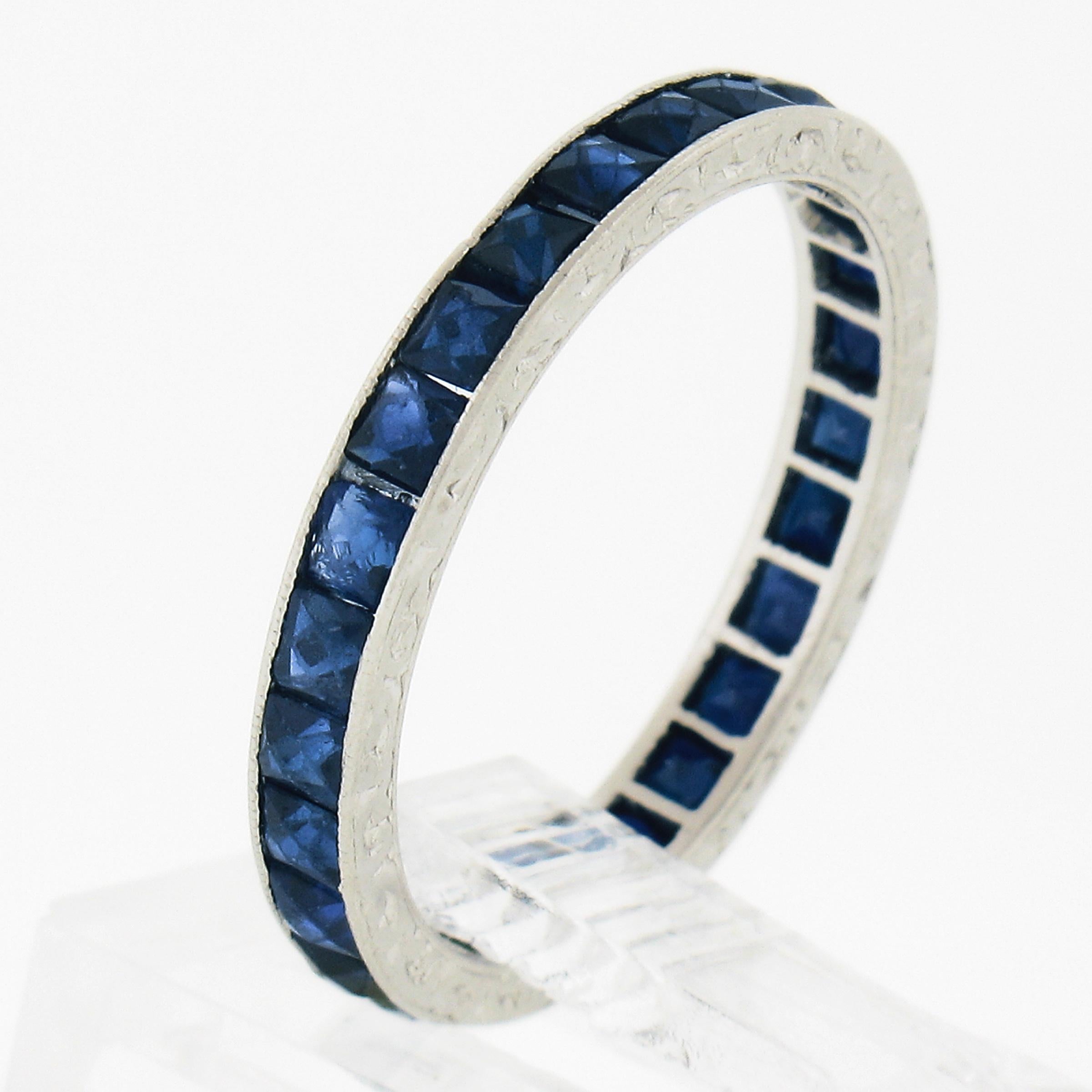 Antique Art Deco Plat. 2ctw Sapphire Engraved Sides Eternity Stack Band Ring For Sale 1
