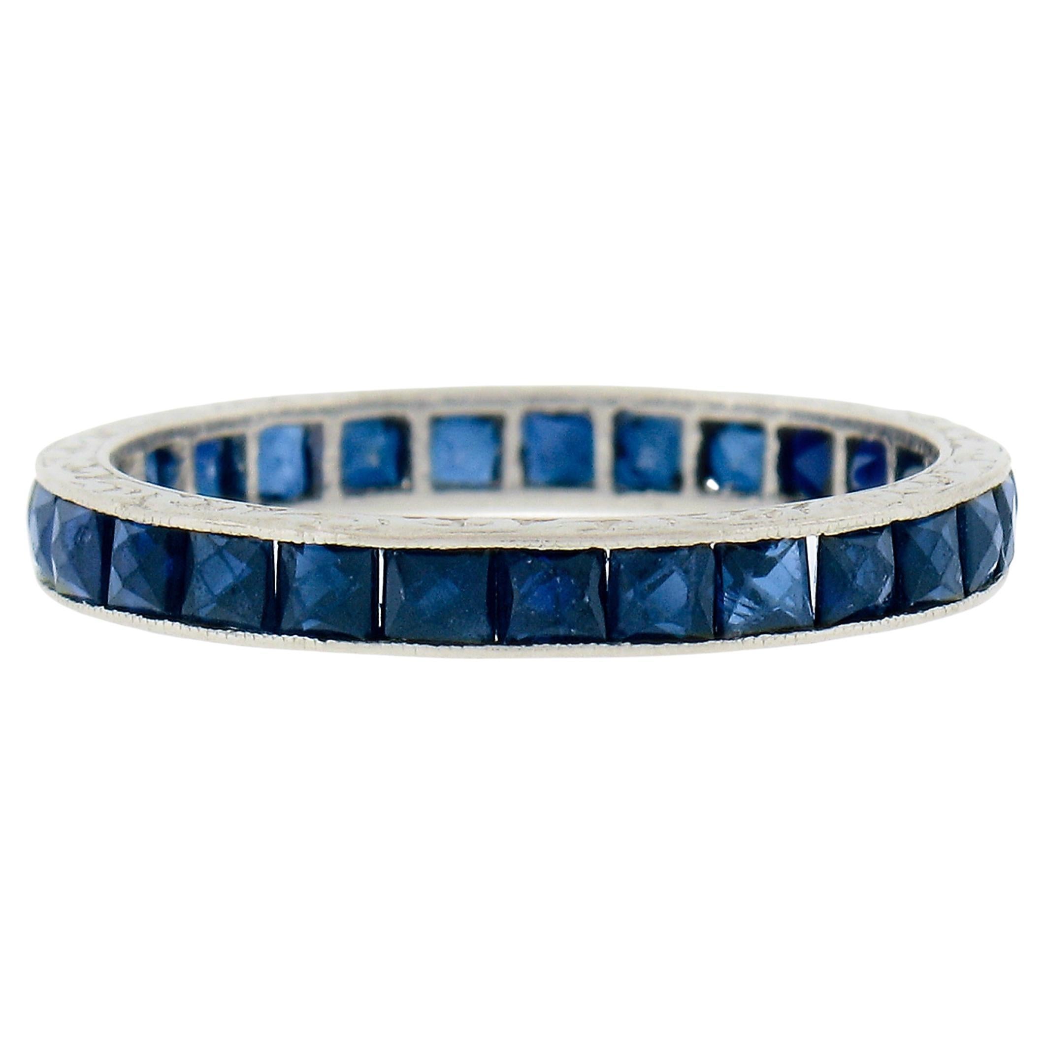 Antique Art Deco Plat. 2ctw Sapphire Engraved Sides Eternity Stack Band Ring For Sale