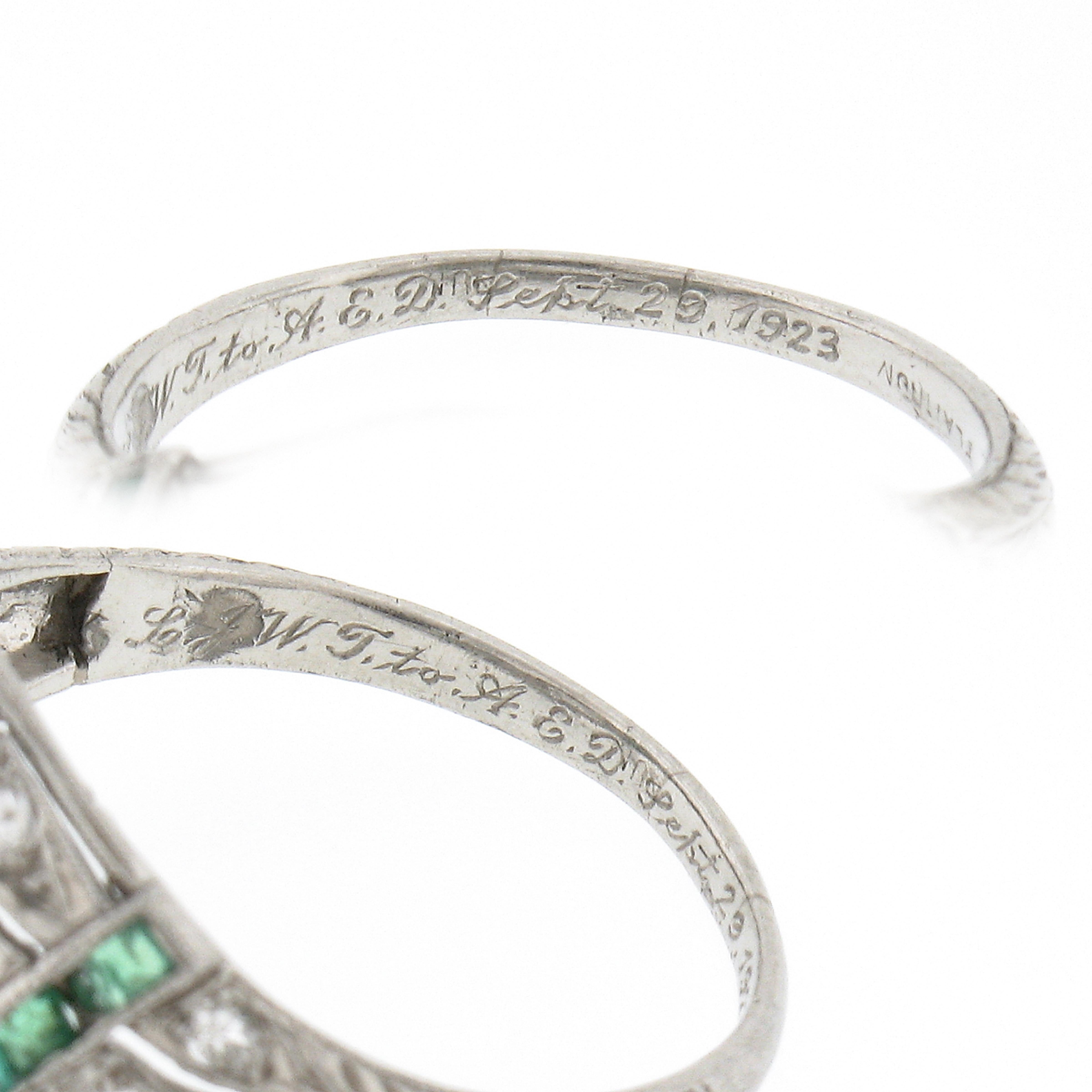 Antique Art Deco Plat GIA European Diamond & Emerald Milgrain Etched Domed Ring For Sale 5