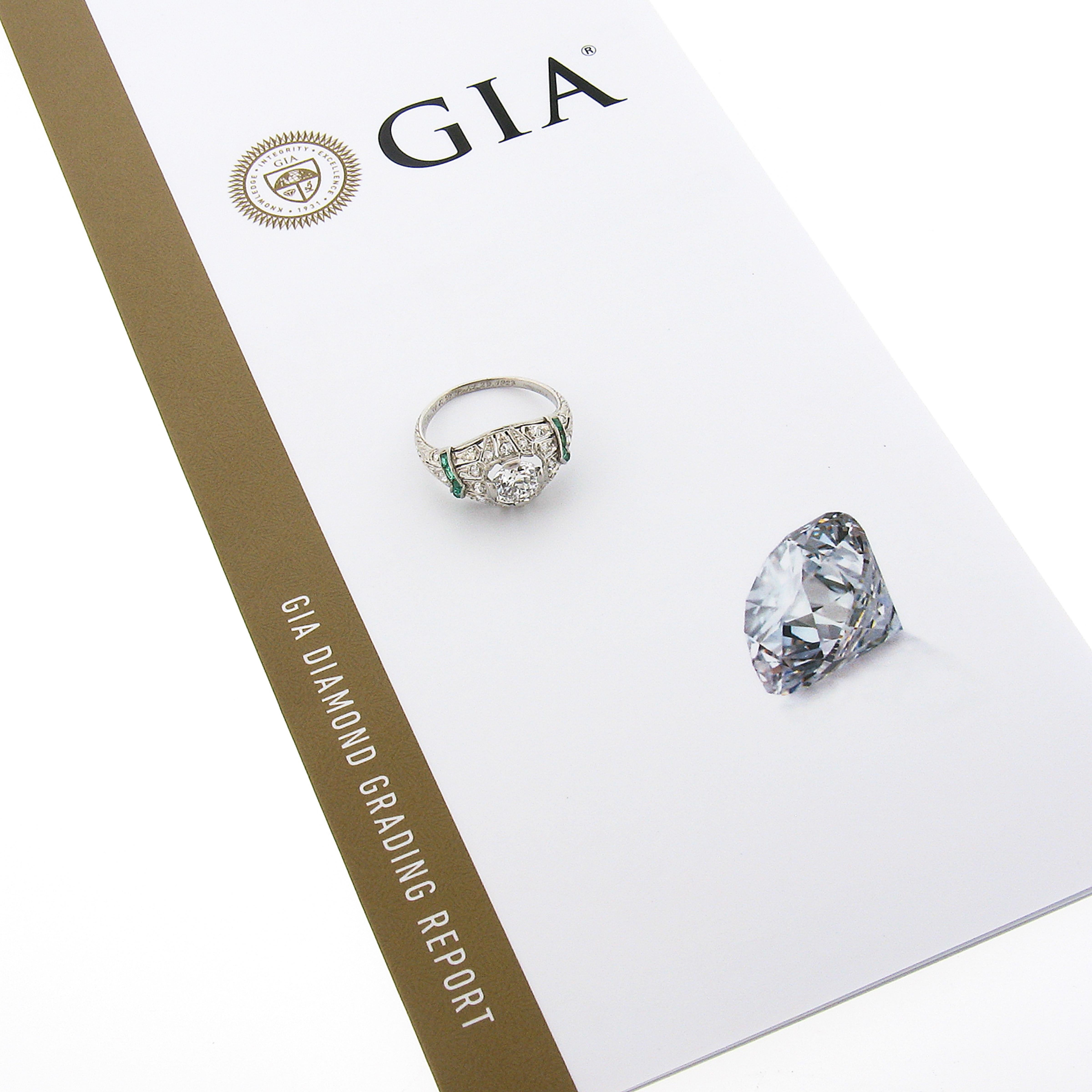 Antique Art Deco Plat GIA European Diamond & Emerald Milgrain Etched Domed Ring For Sale 6