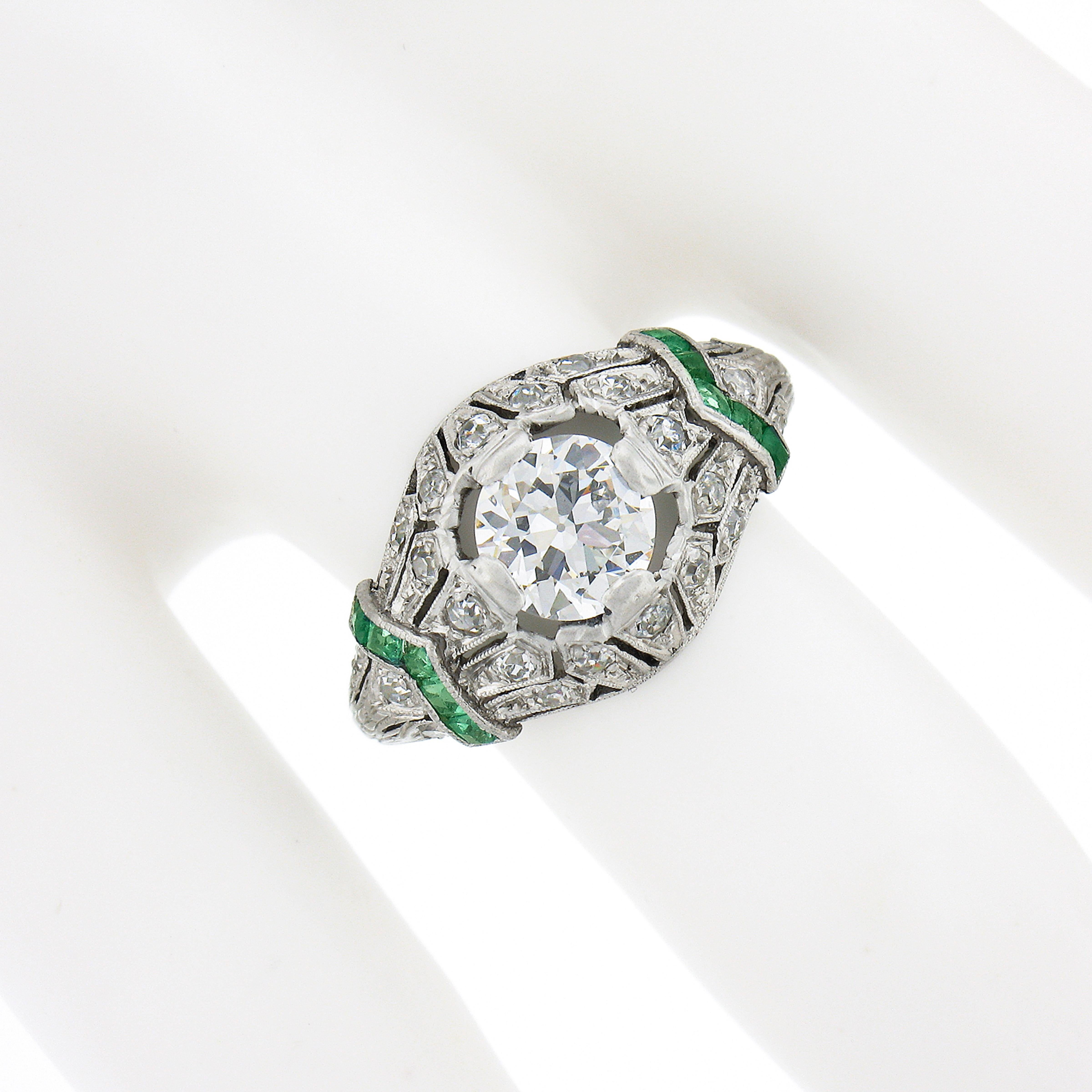 Round Cut Antique Art Deco Plat GIA European Diamond & Emerald Milgrain Etched Domed Ring For Sale