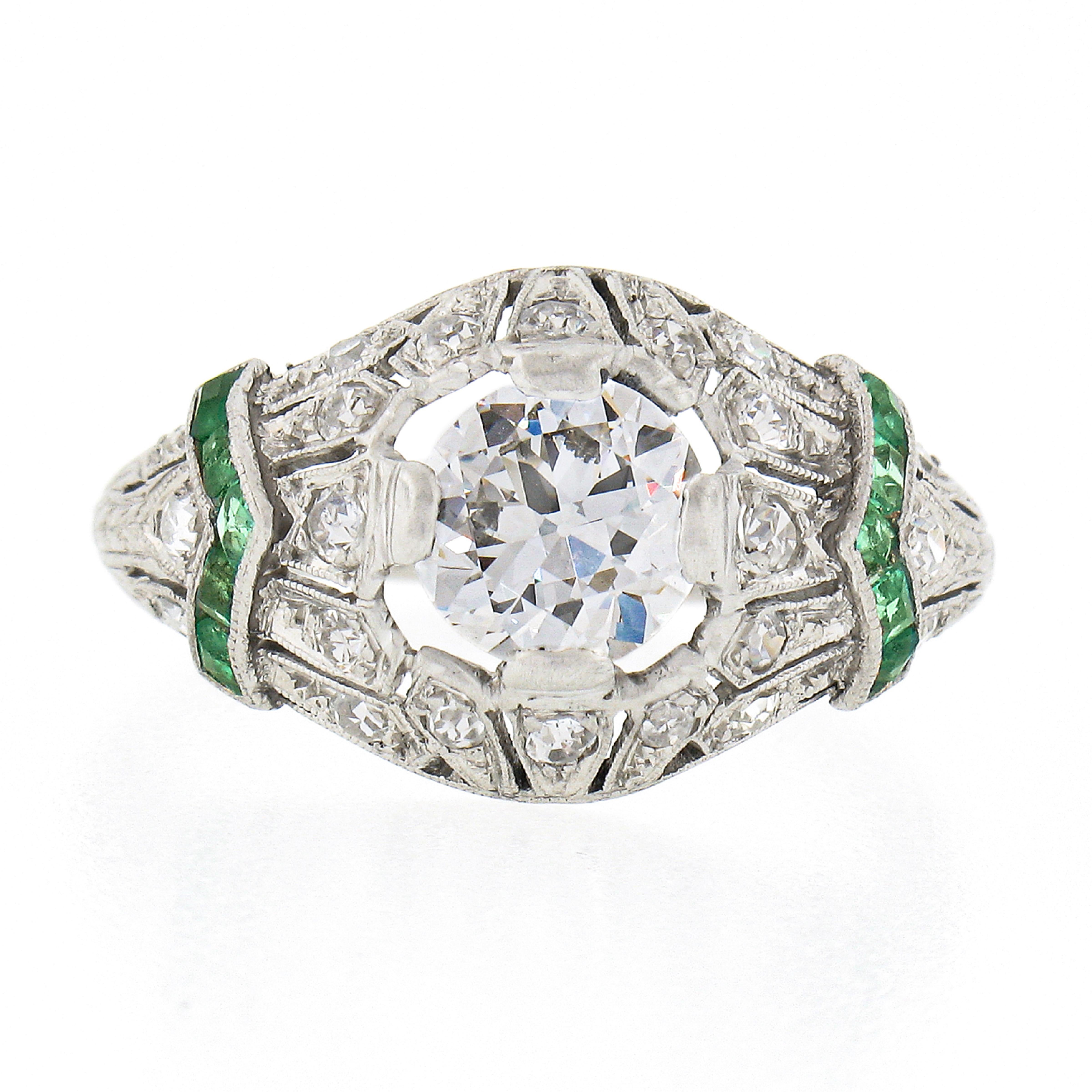 Antique Art Deco Plat GIA European Diamond & Emerald Milgrain Etched Domed Ring In Fair Condition For Sale In Montclair, NJ