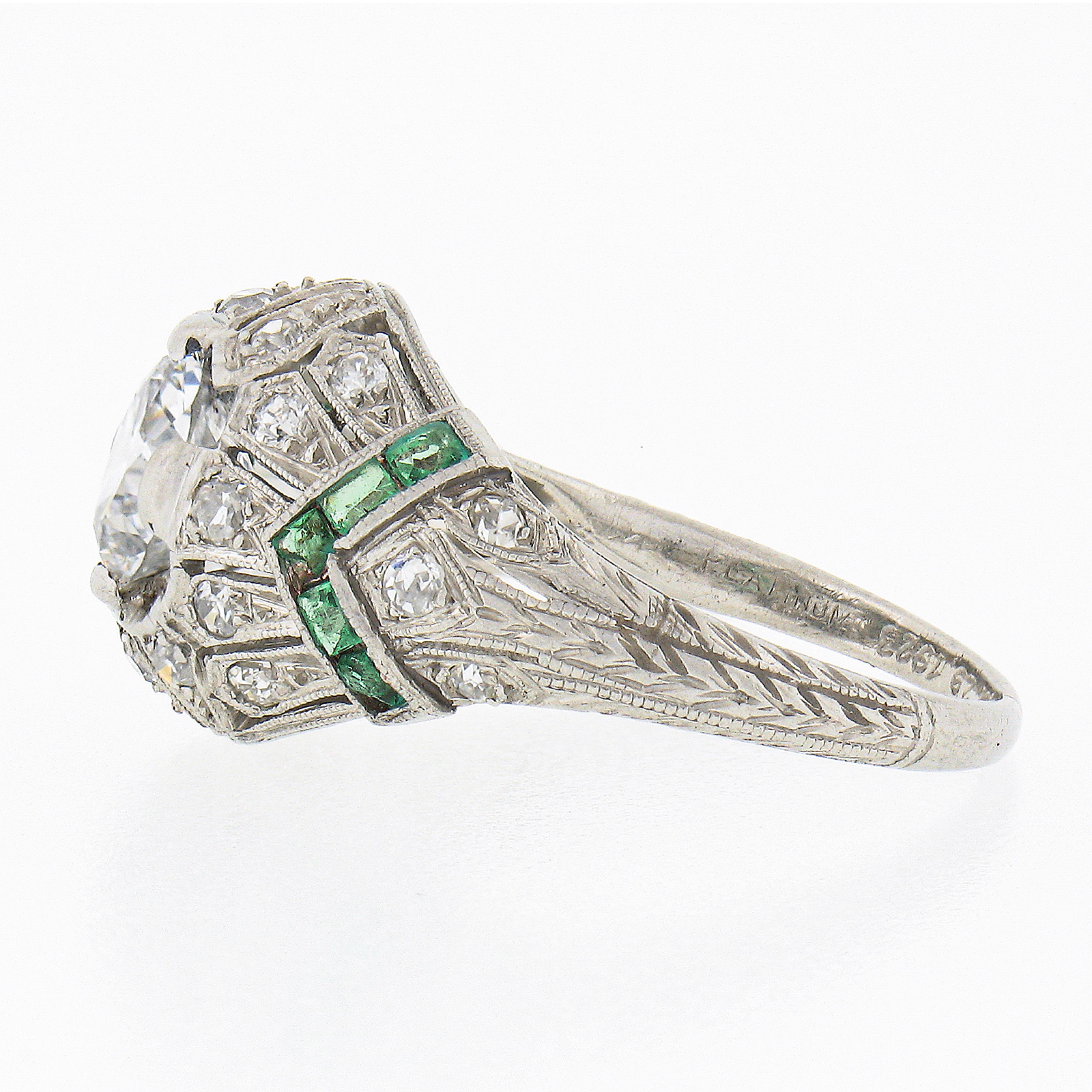 Antique Art Deco Plat GIA European Diamond & Emerald Milgrain Etched Domed Ring For Sale 1