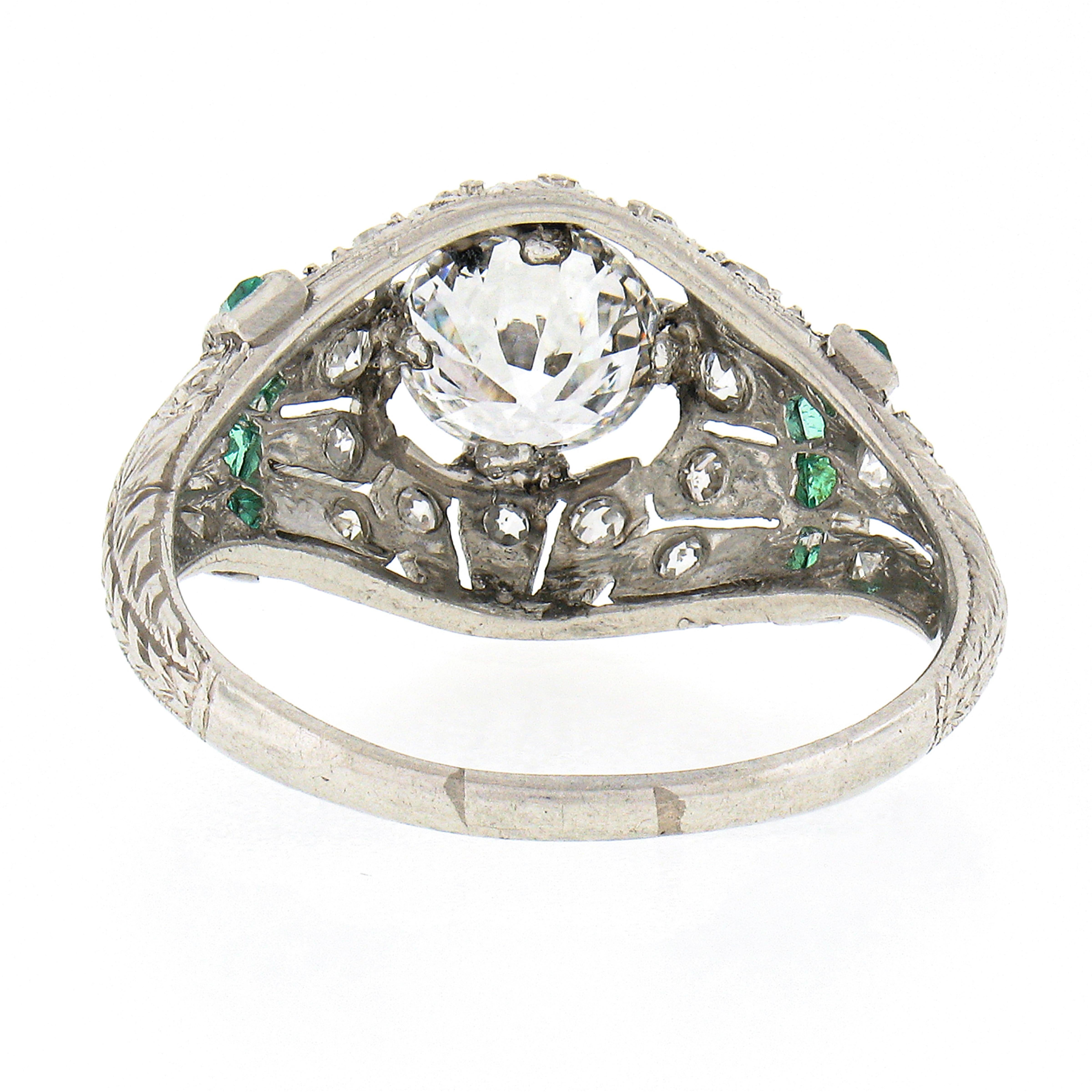 Antique Art Deco Plat GIA European Diamond & Emerald Milgrain Etched Domed Ring For Sale 2