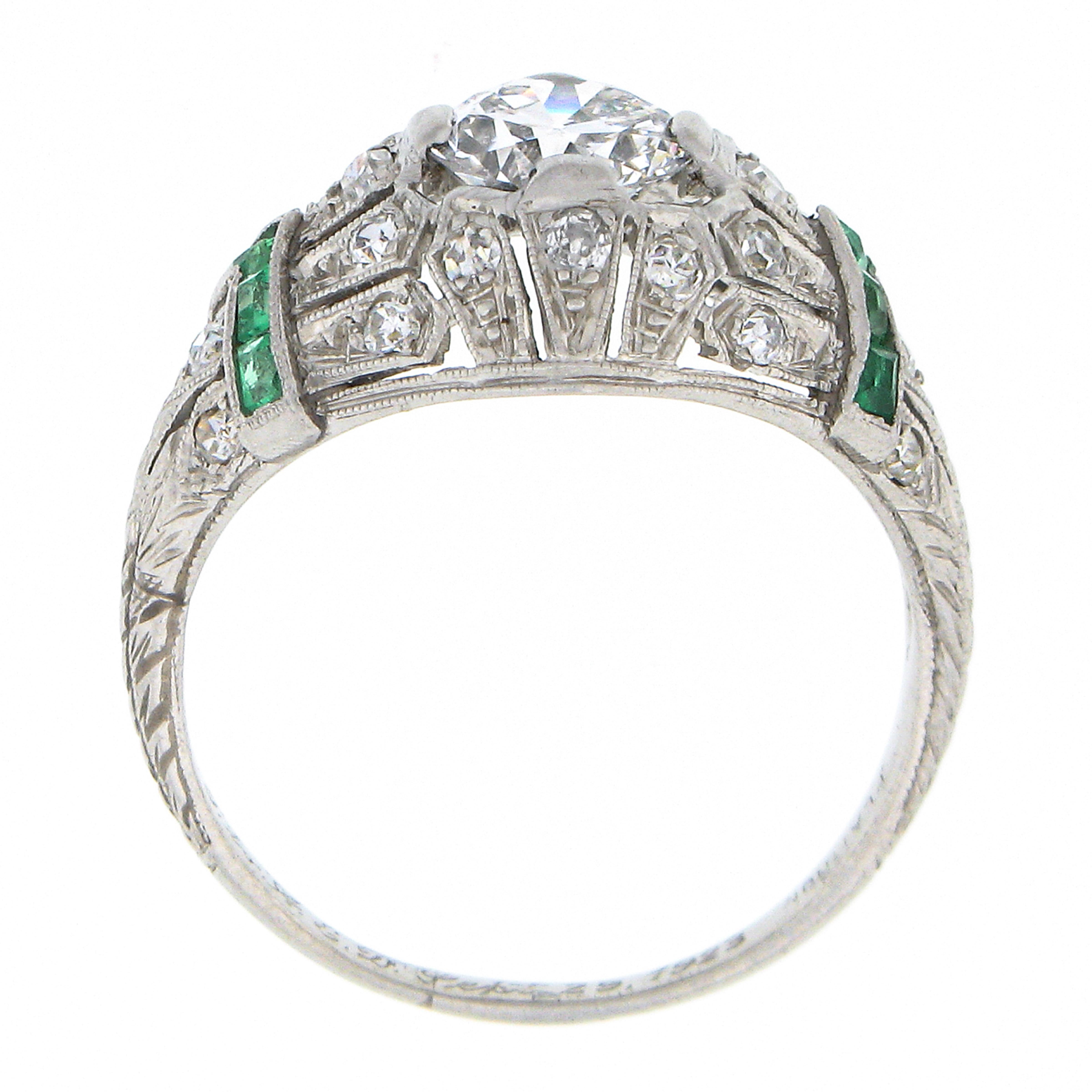Antique Art Deco Plat GIA European Diamond & Emerald Milgrain Etched Domed Ring For Sale 3