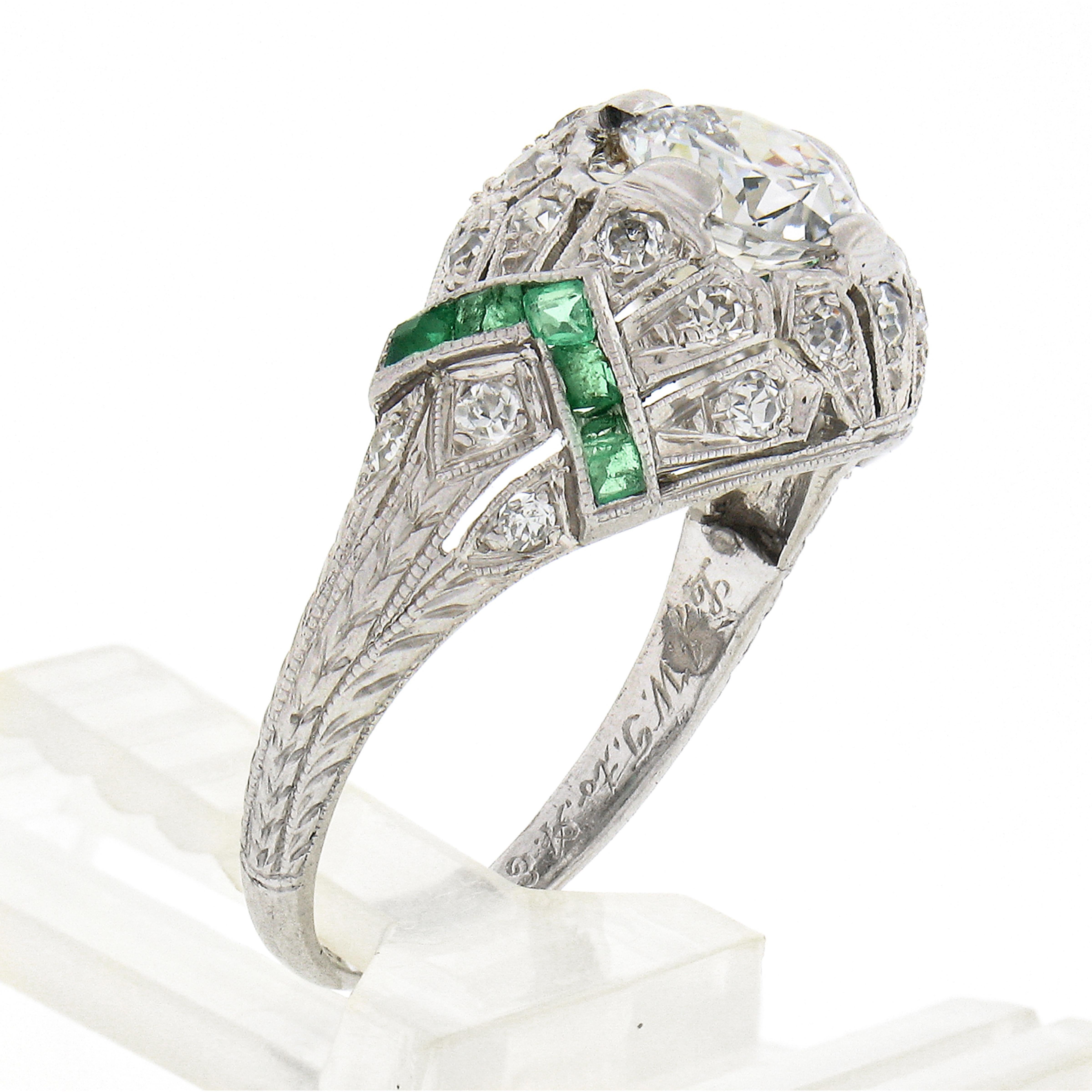 Antique Art Deco Plat GIA European Diamond & Emerald Milgrain Etched Domed Ring For Sale 4