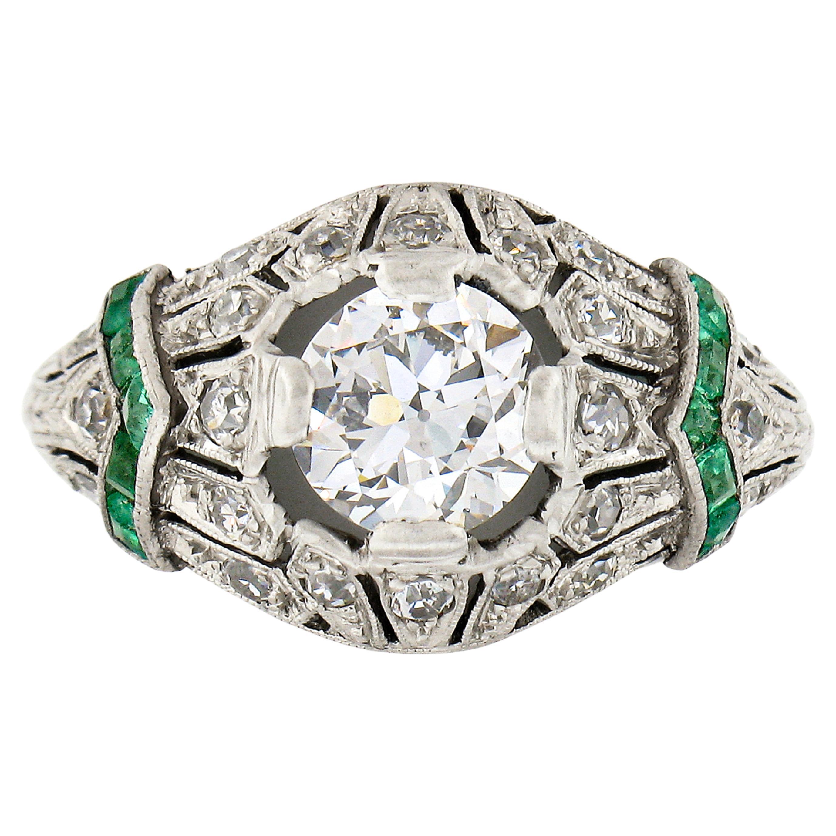 Antique Art Deco Plat GIA European Diamond & Emerald Milgrain Etched Domed Ring For Sale