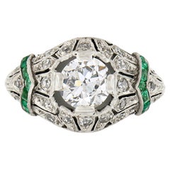 Antique Art Deco Plat GIA European Diamond & Emerald Milgrain Etched Domed Ring