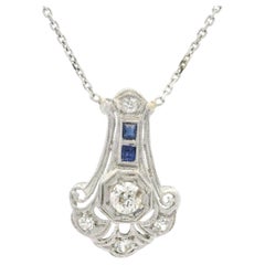 Antique Art Deco Plat Sapphire & Diamond Filigree Scroll Work Pendant Necklace