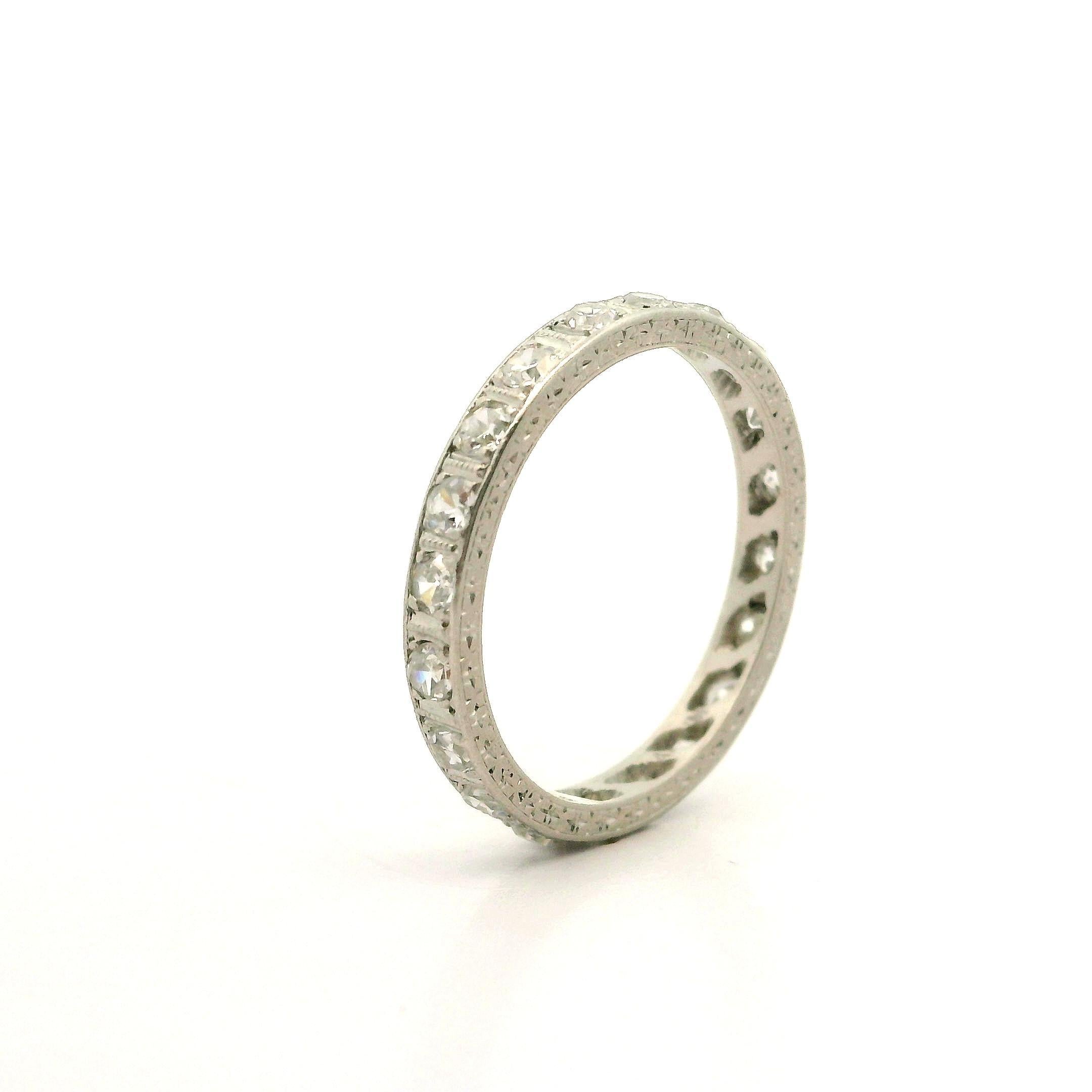 Old Mine Cut Antique Art Deco Platinum 0.65ct Diamond Hand Engraved Eternity Band Ring sz 5.5 For Sale