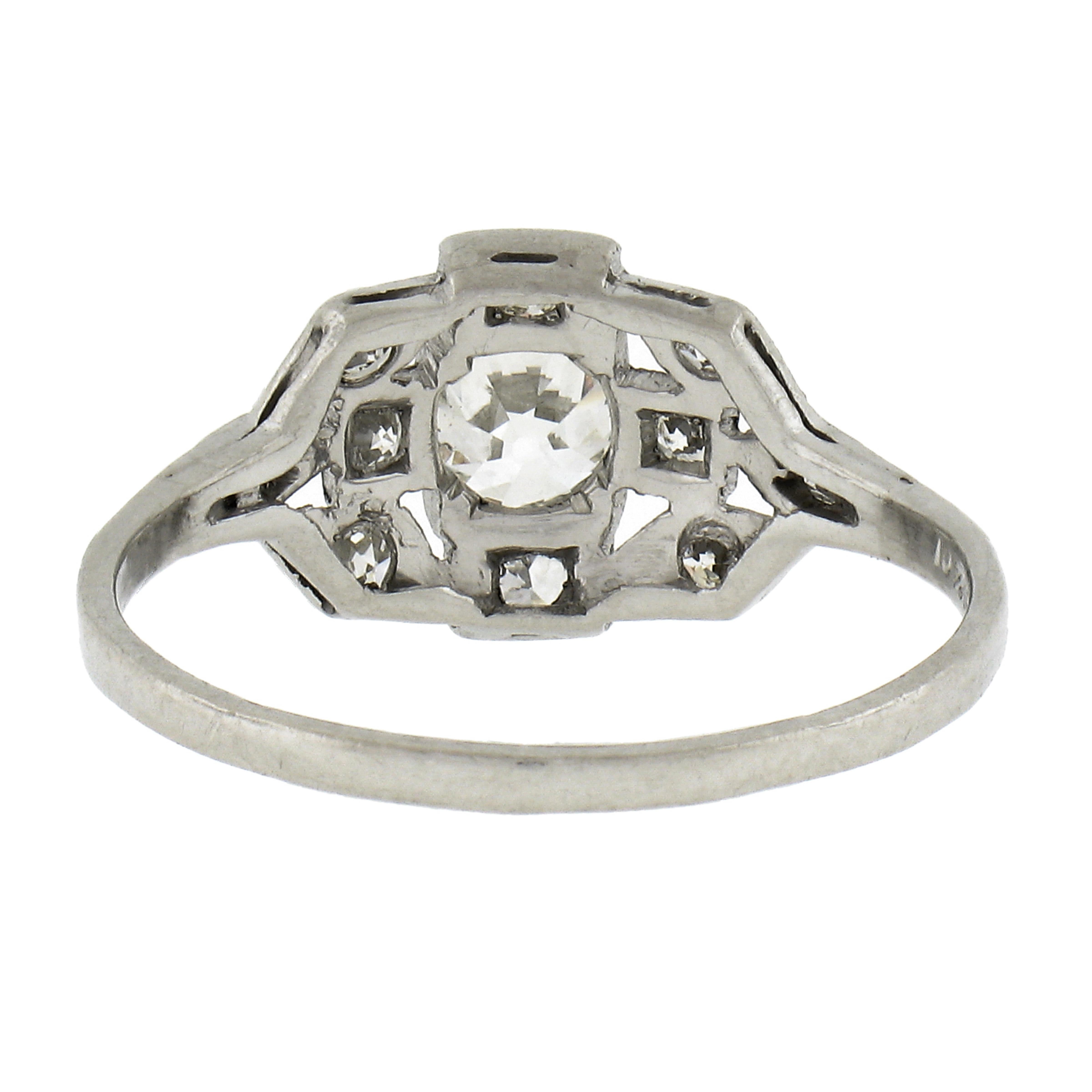Antique Art Deco Platinum 0.70ct GIA Old Diamond Milgrain Etched Engagement Ring For Sale 3