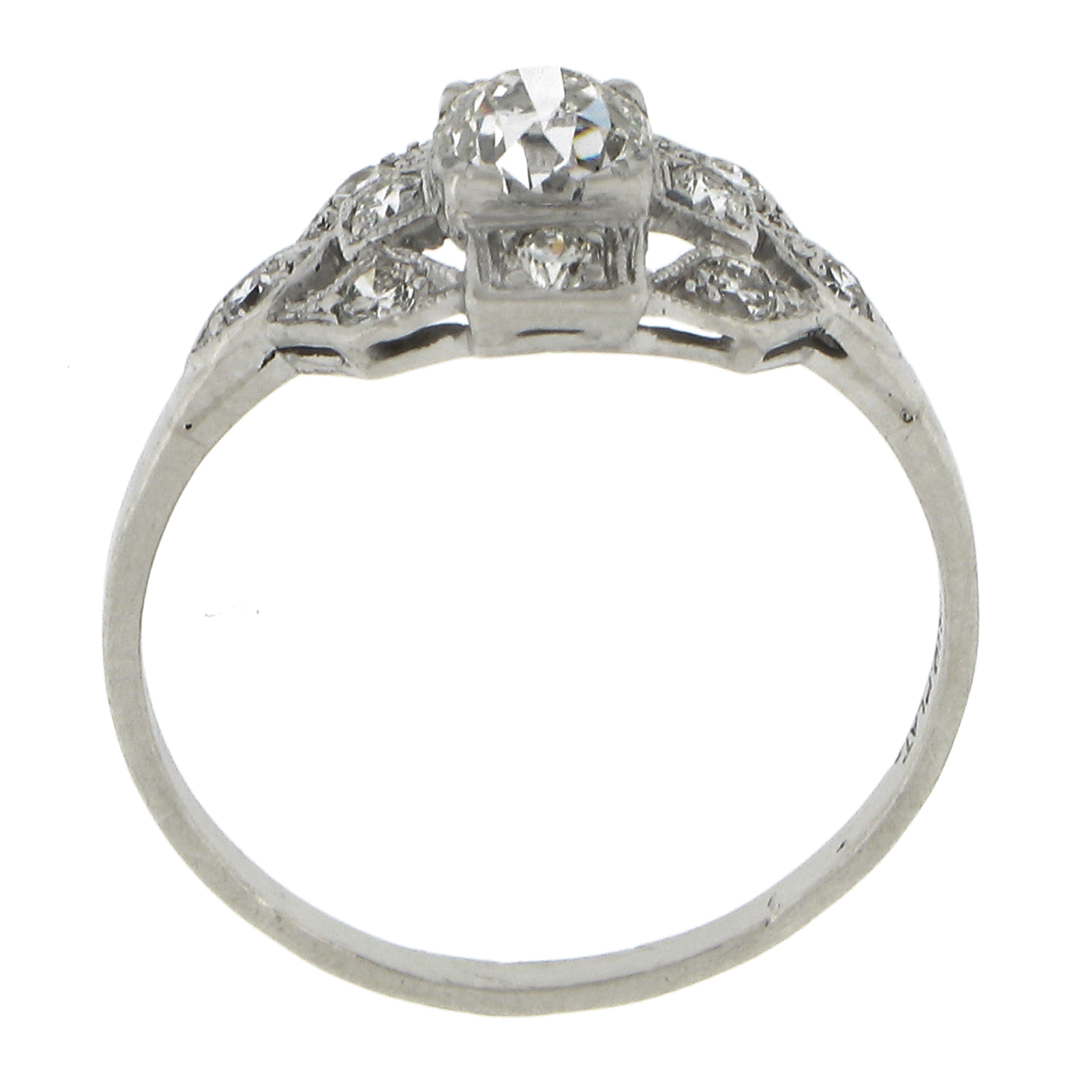 Antique Art Deco Platinum 0.70ct GIA Old Diamond Milgrain Etched Engagement Ring For Sale 4