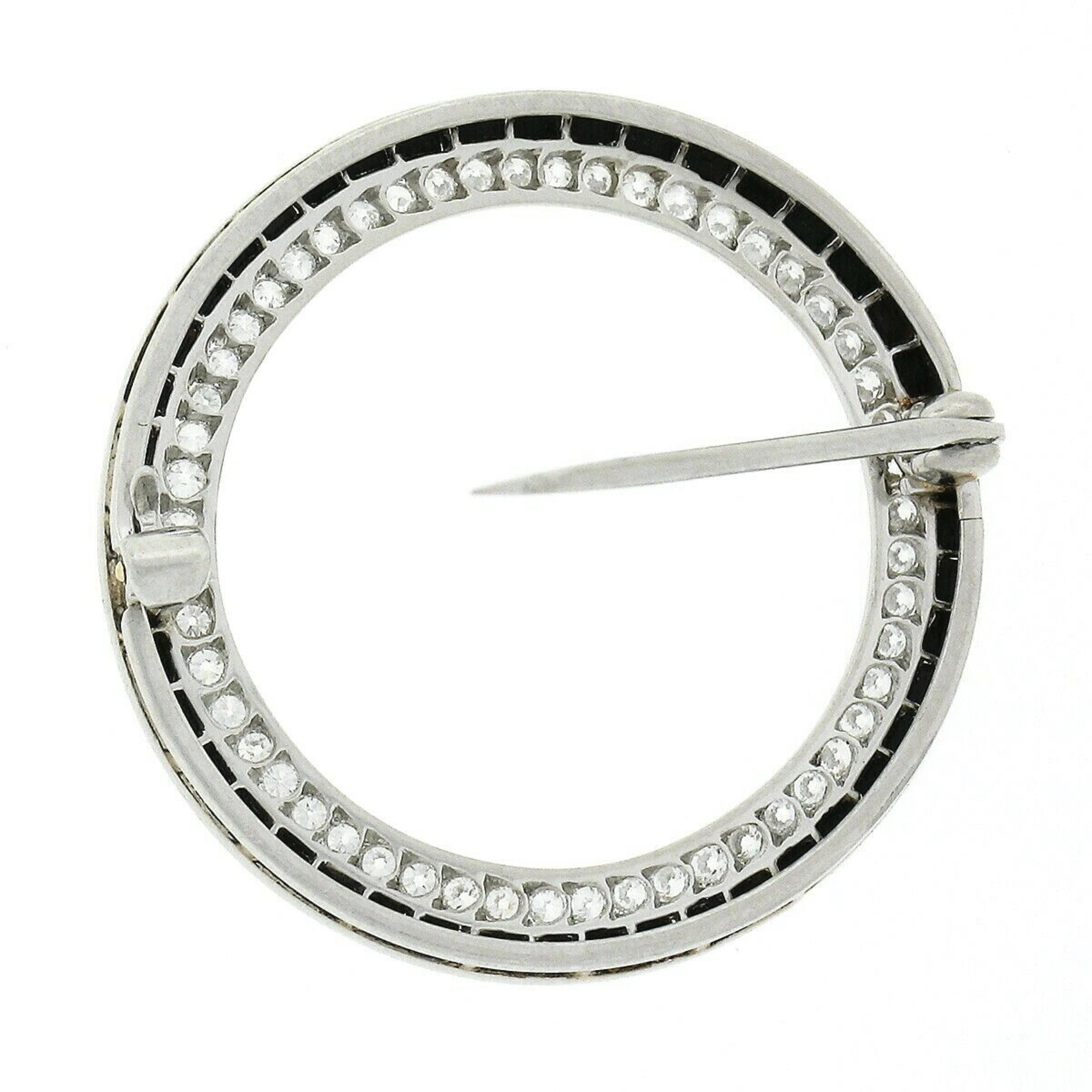 Old European Cut Antique Art Deco Platinum 0.70ctw Diamond & Black Onyx Circle Wreath Pin Brooch