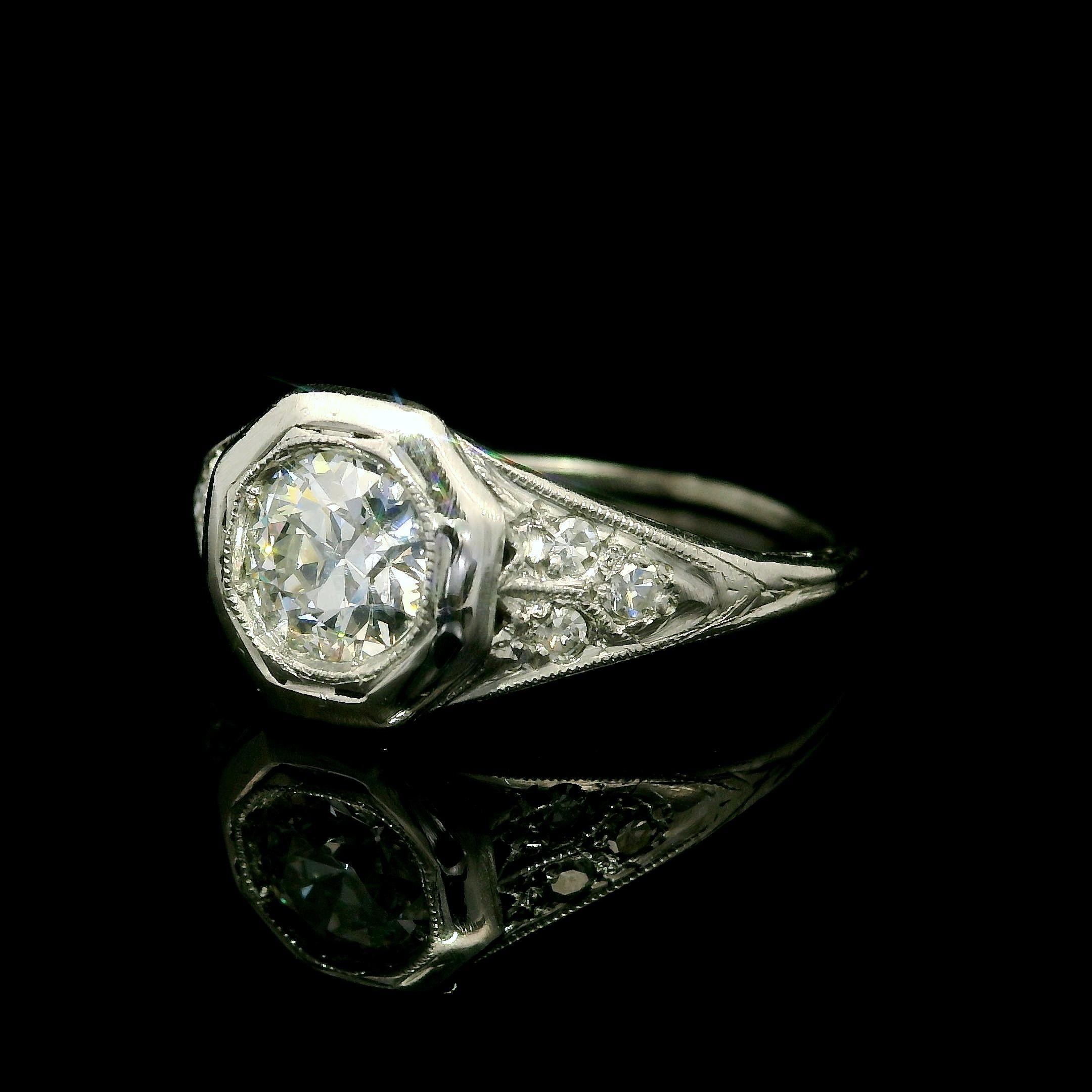 Antique Art Deco Platinum 0.73ctw Old Cut Diamond Filigree Octagonal Ring For Sale 5