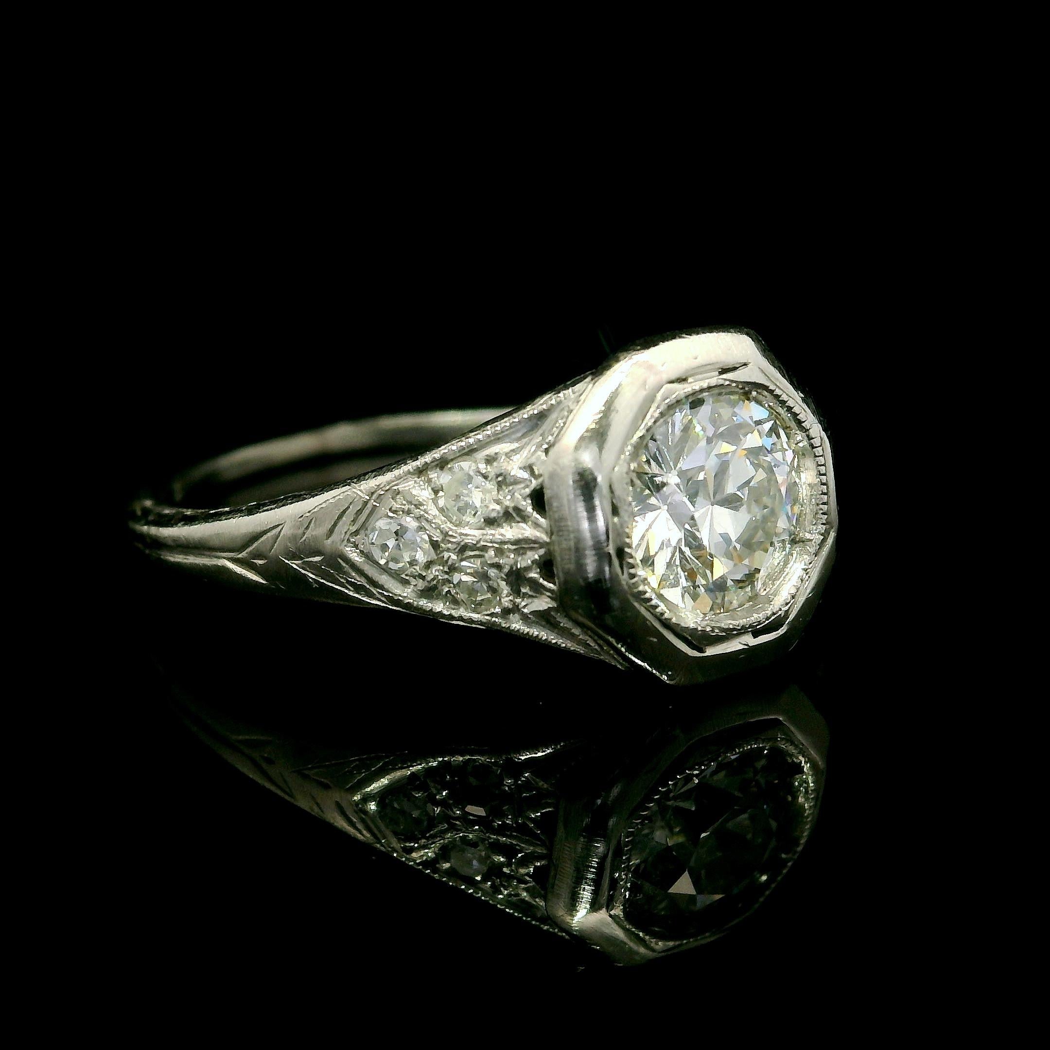 Antique Art Deco Platinum 0.73ctw Old Cut Diamond Filigree Octagonal Ring For Sale 6