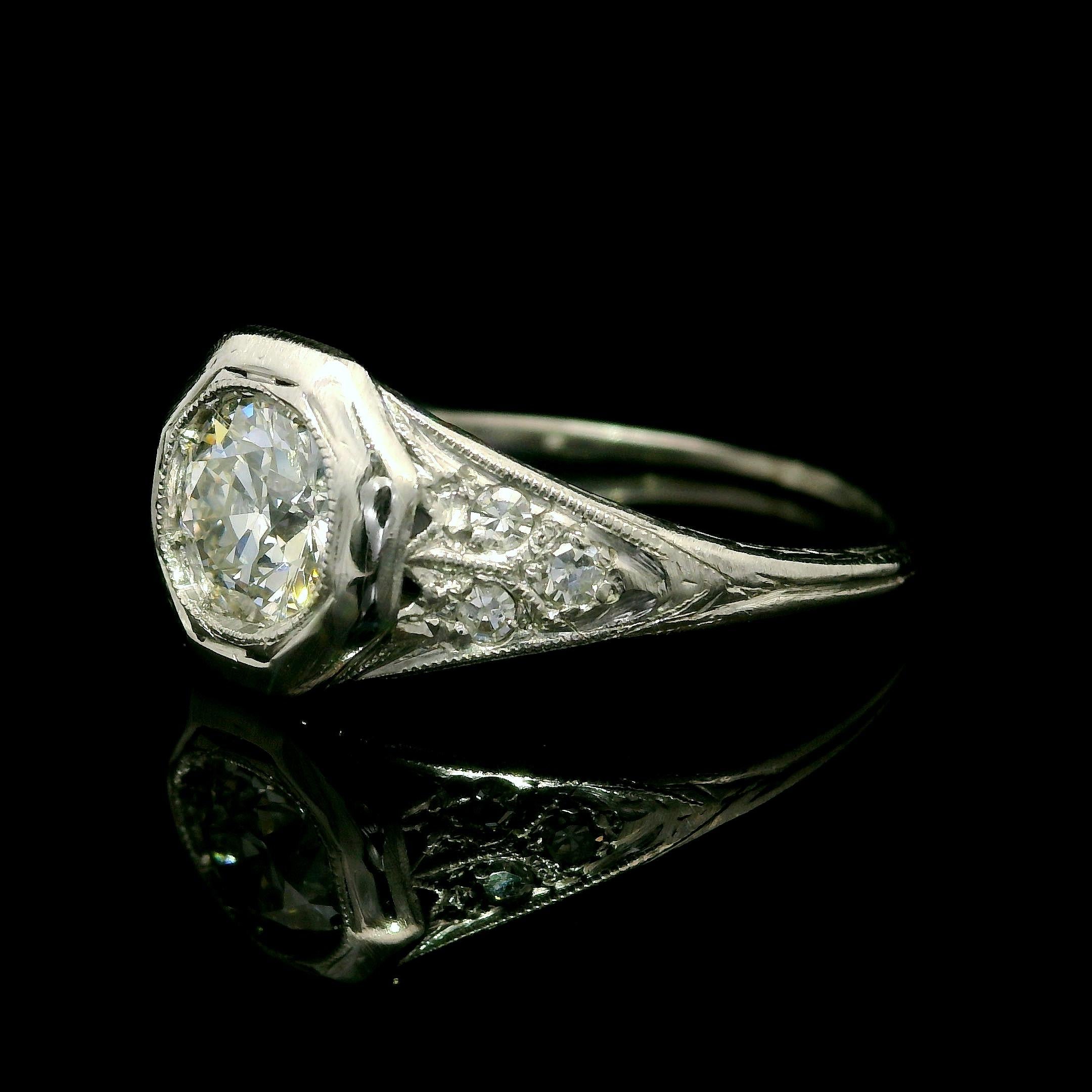 Antique Art Deco Platinum 0.73ctw Old Cut Diamond Filigree Octagonal Ring For Sale 7