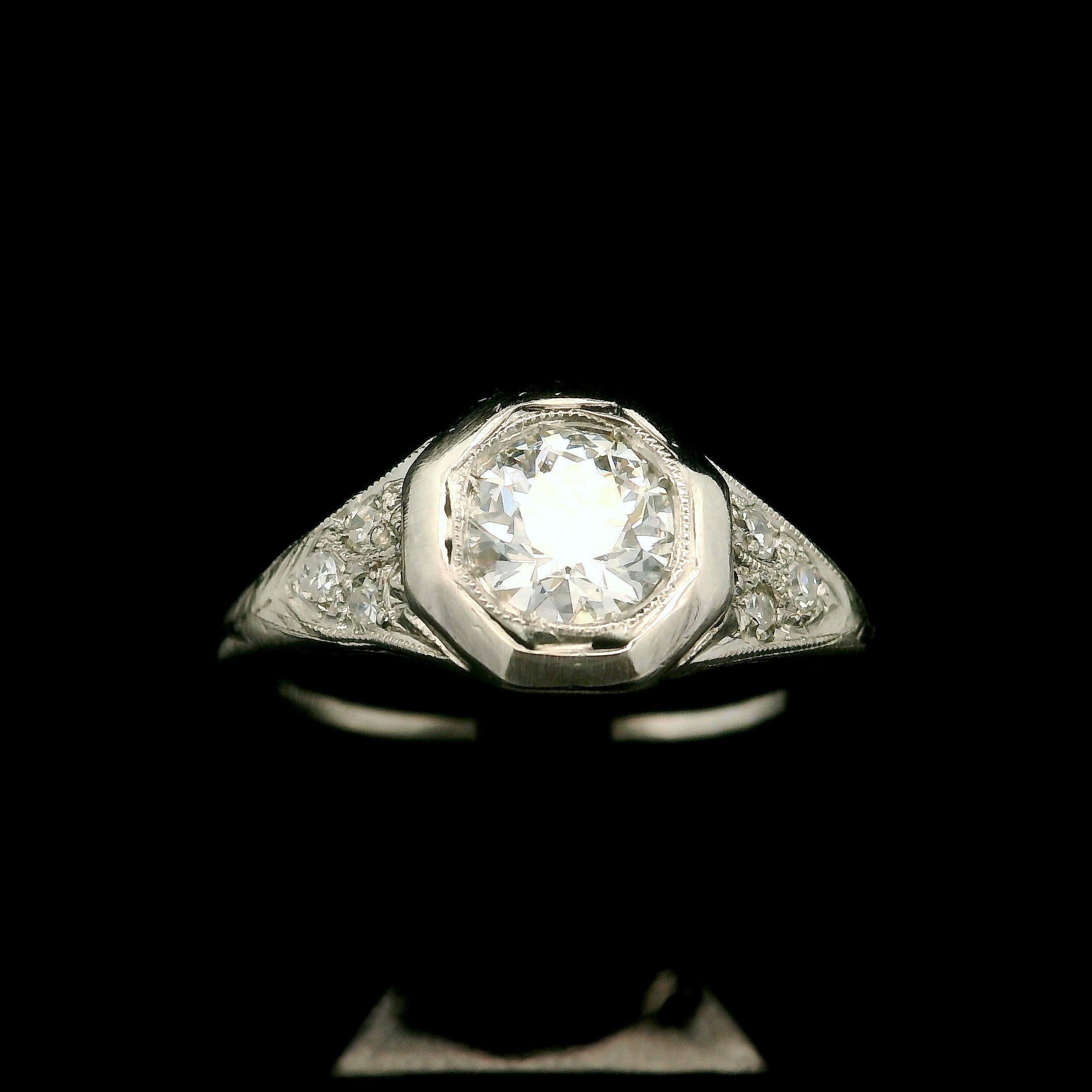 Antique Art Deco Platinum 0.73ctw Old Cut Diamond Filigree Octagonal Ring For Sale 8