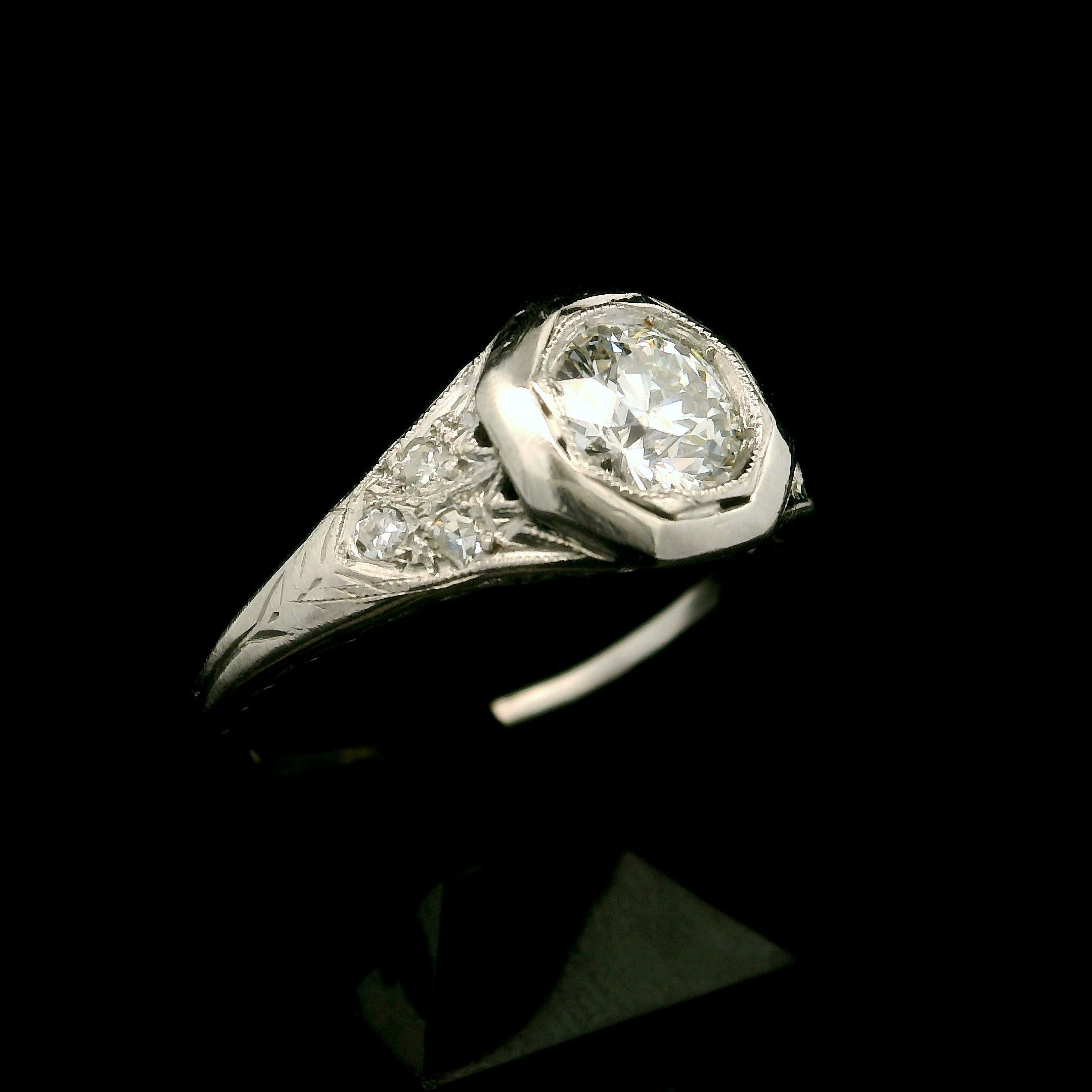 Antique Art Deco Platinum 0.73ctw Old Cut Diamond Filigree Octagonal Ring For Sale 9