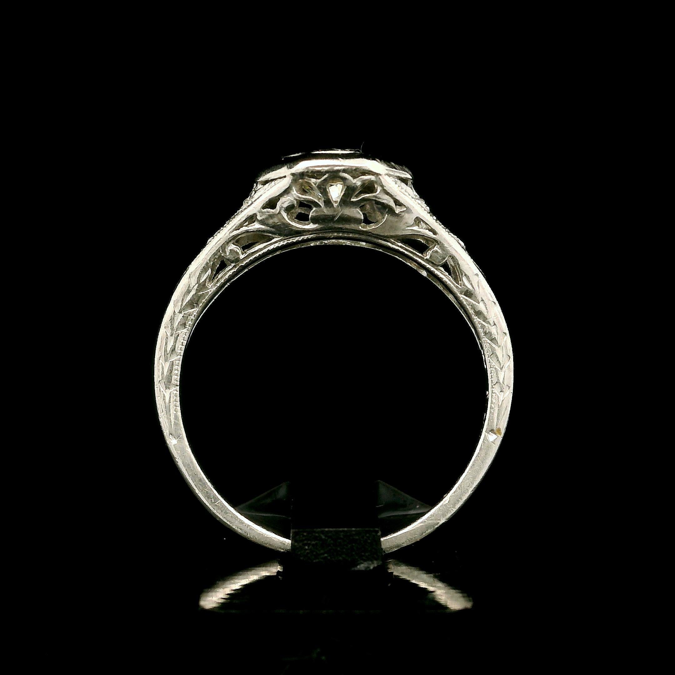 Antique Art Deco Platinum 0.73ctw Old Cut Diamond Filigree Octagonal Ring For Sale 11