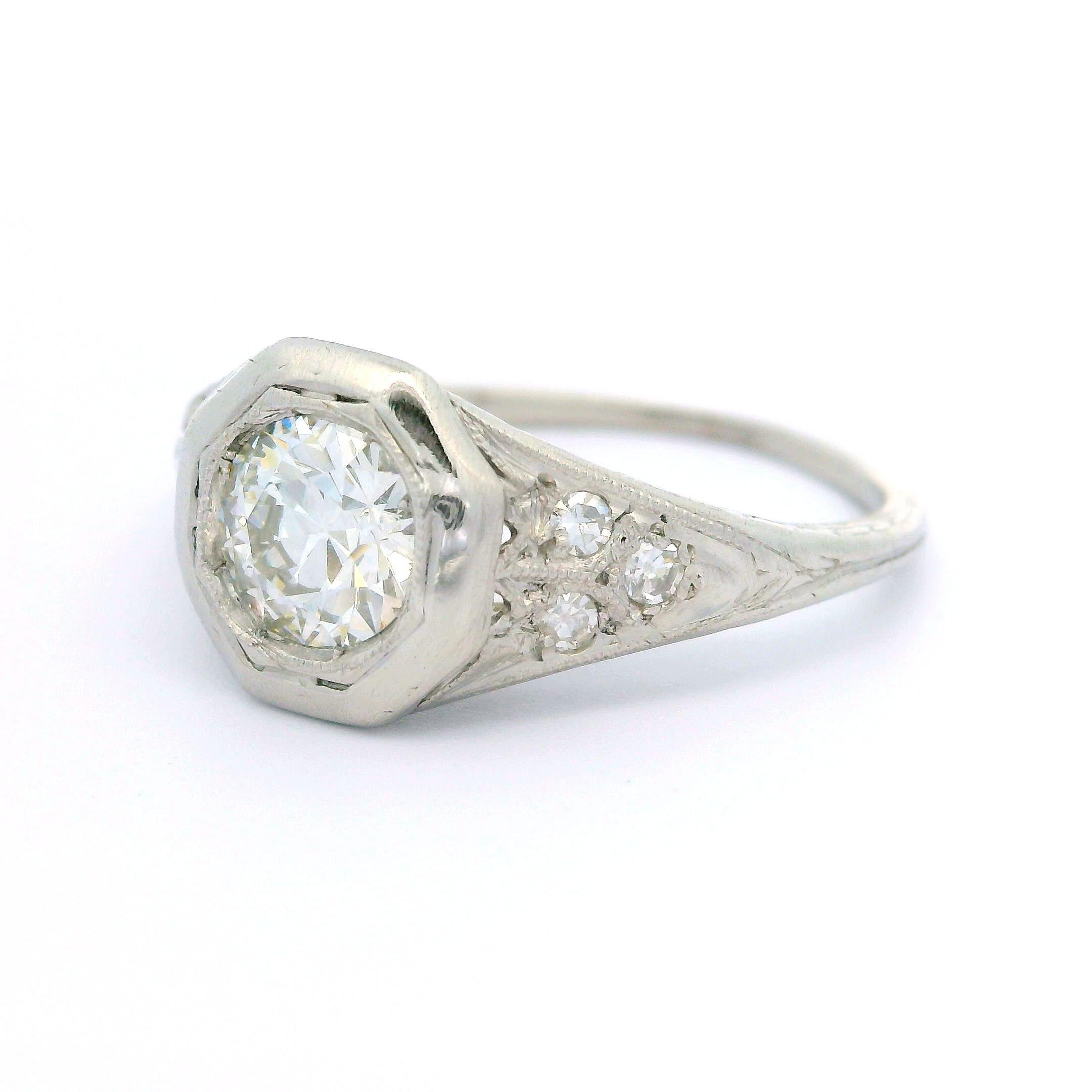 Old European Cut Antique Art Deco Platinum 0.73ctw Old Cut Diamond Filigree Octagonal Ring For Sale