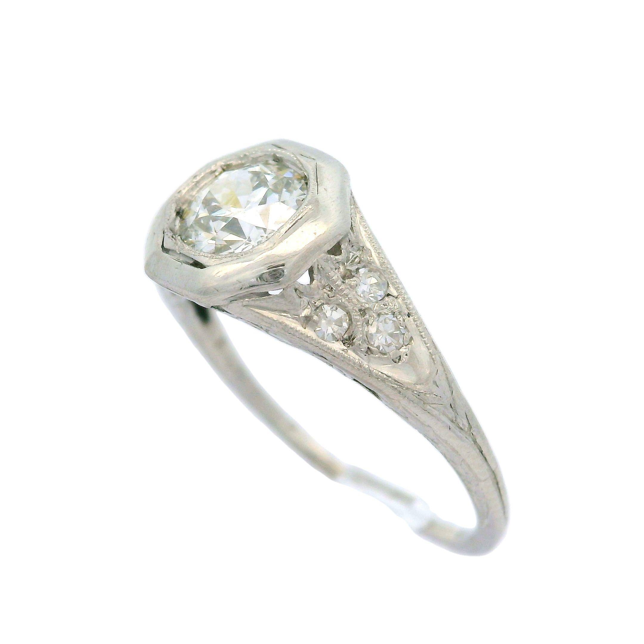Antique Art Deco Platinum 0.73ctw Old Cut Diamond Filigree Octagonal Ring In Excellent Condition For Sale In Montclair, NJ