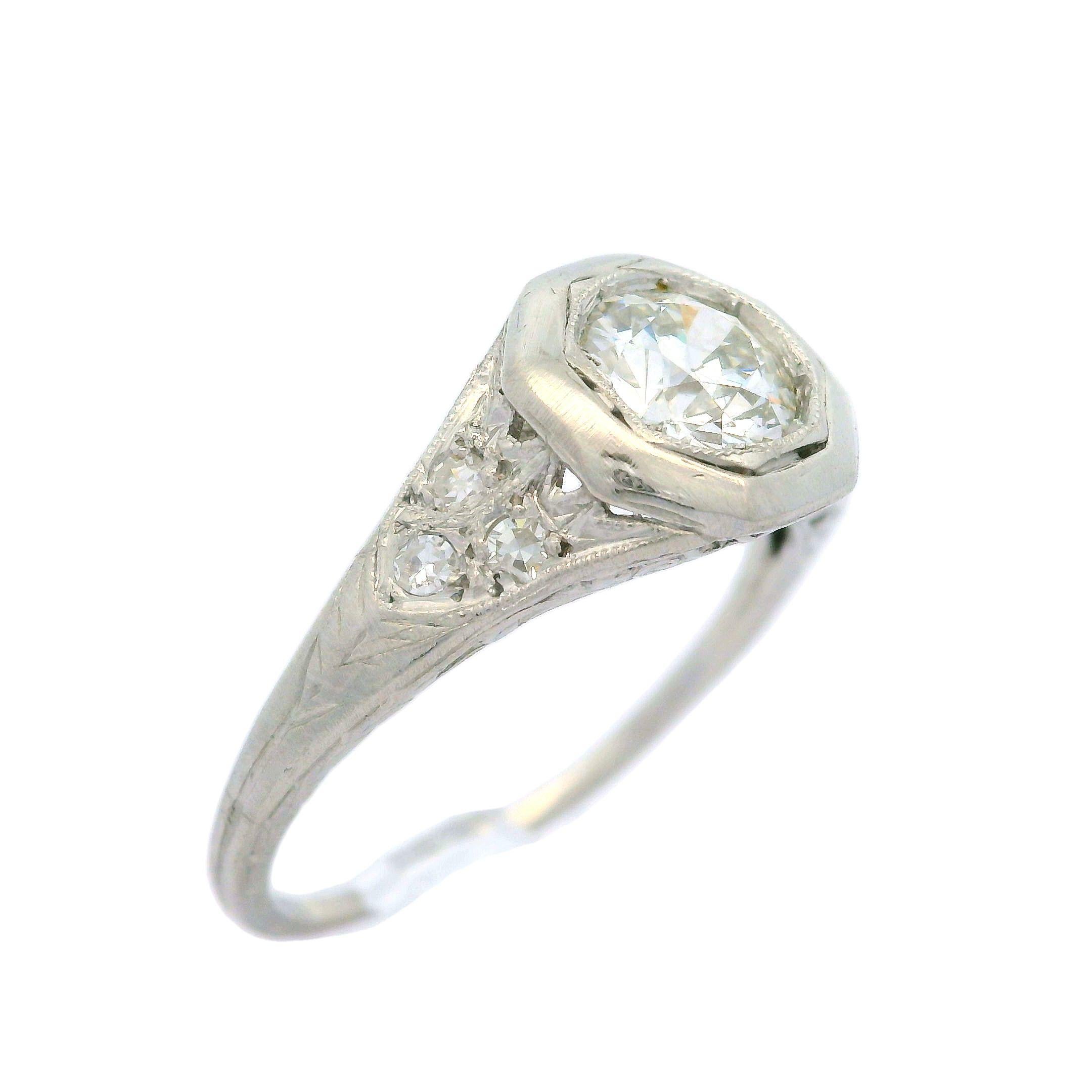 Women's Antique Art Deco Platinum 0.73ctw Old Cut Diamond Filigree Octagonal Ring For Sale