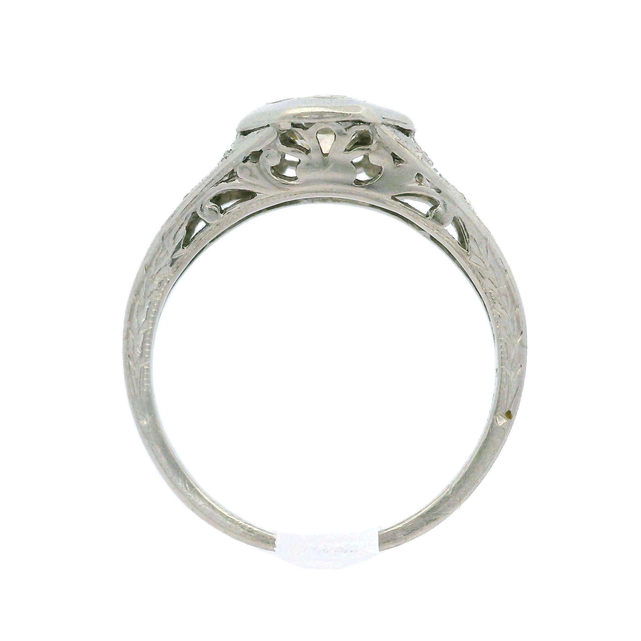 Antique Art Deco Platinum 0.73ctw Old Cut Diamond Filigree Octagonal Ring For Sale 1