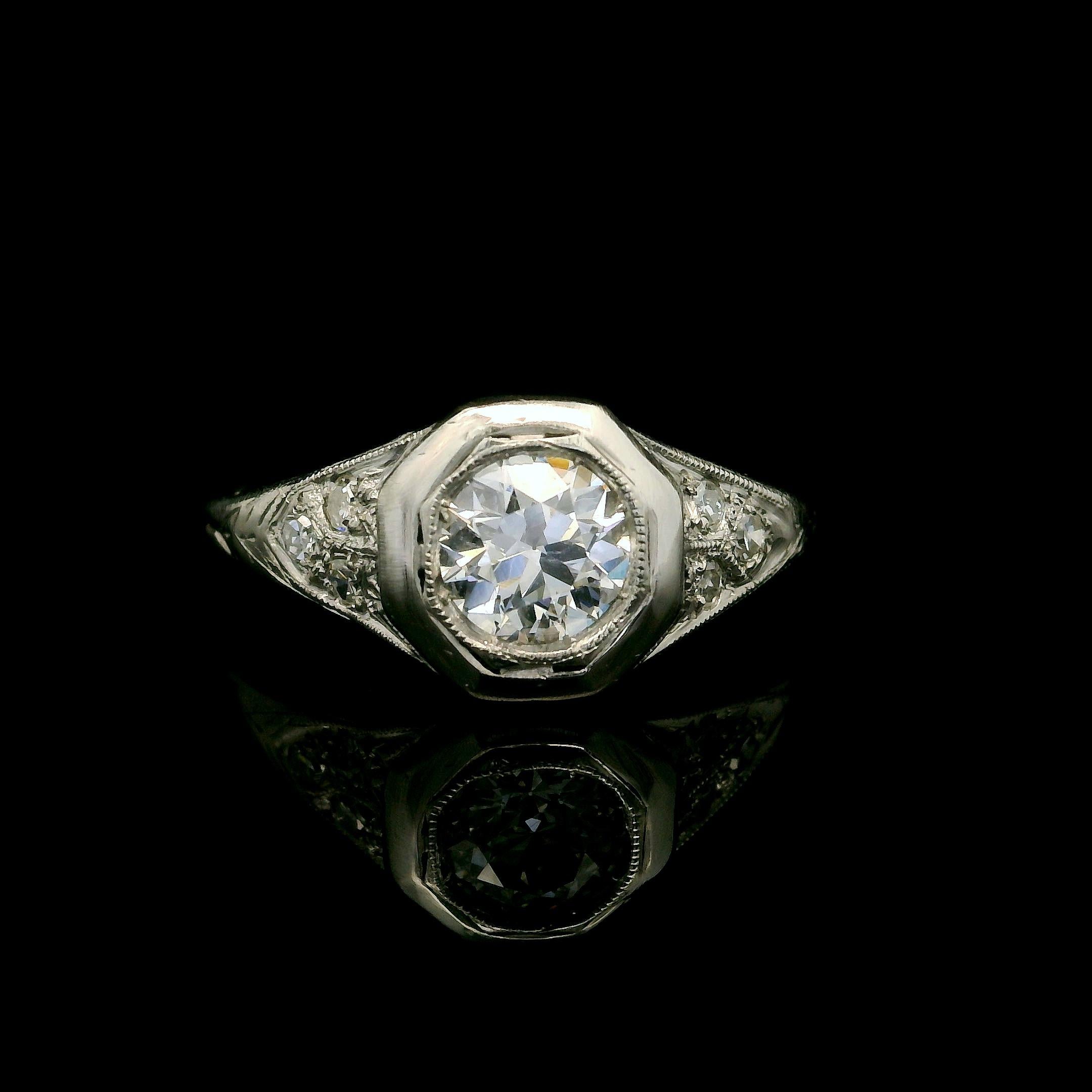 Antique Art Deco Platinum 0.73ctw Old Cut Diamond Filigree Octagonal Ring For Sale 2