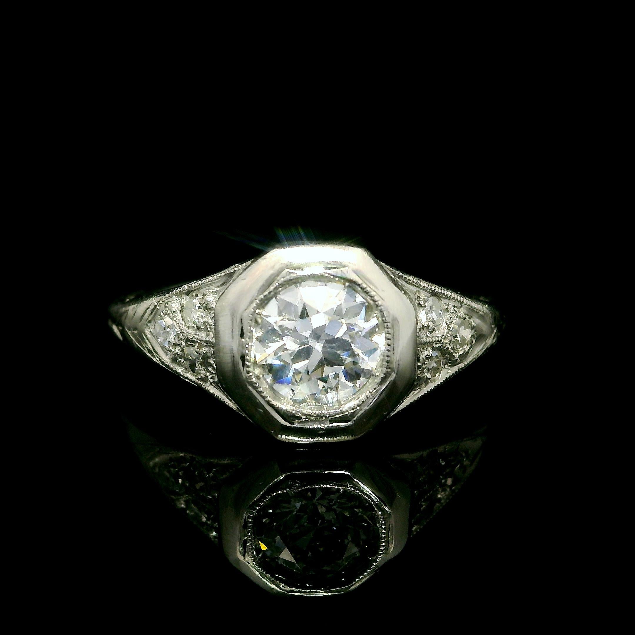 Antique Art Deco Platinum 0.73ctw Old Cut Diamond Filigree Octagonal Ring For Sale 3