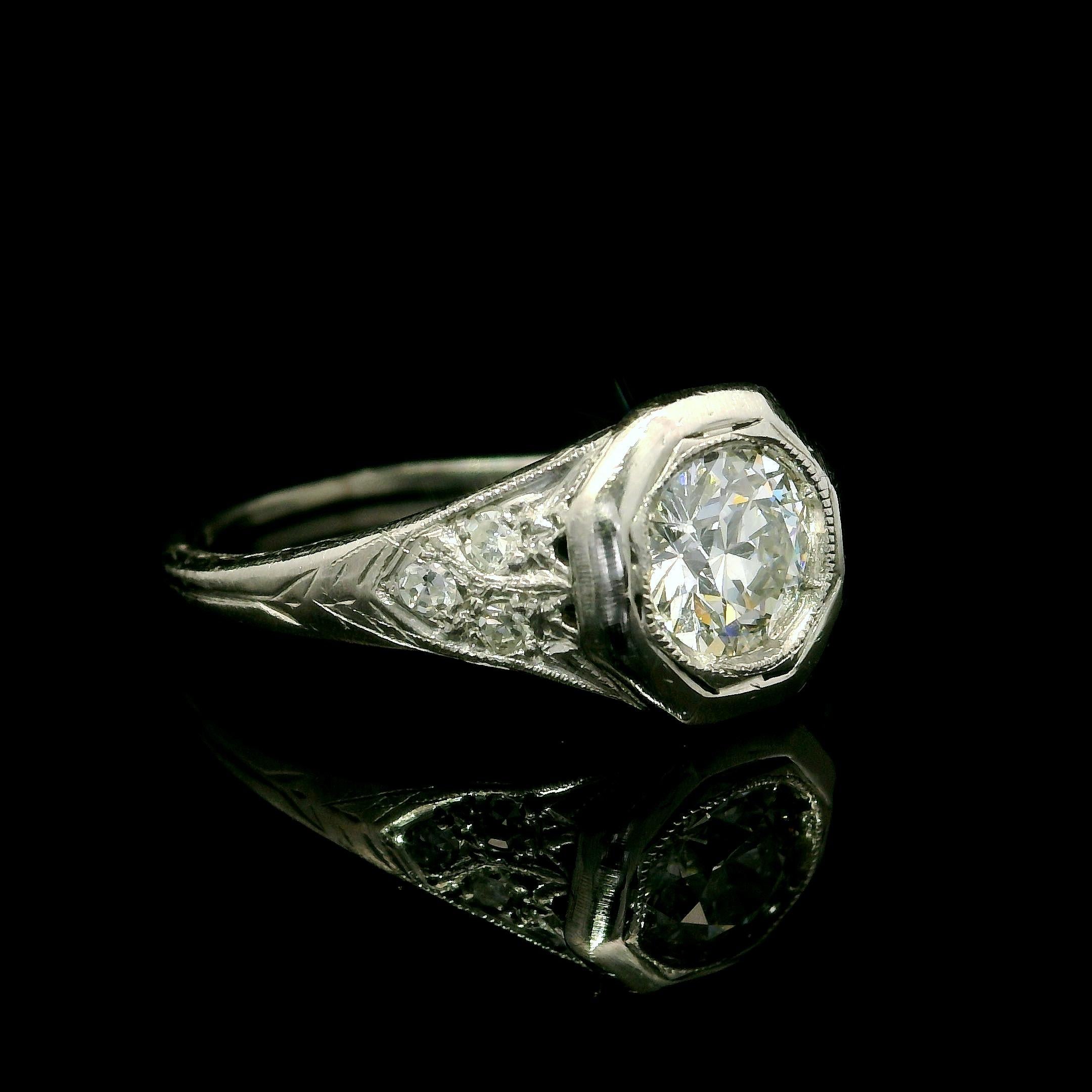 Antique Art Deco Platinum 0.73ctw Old Cut Diamond Filigree Octagonal Ring For Sale 4