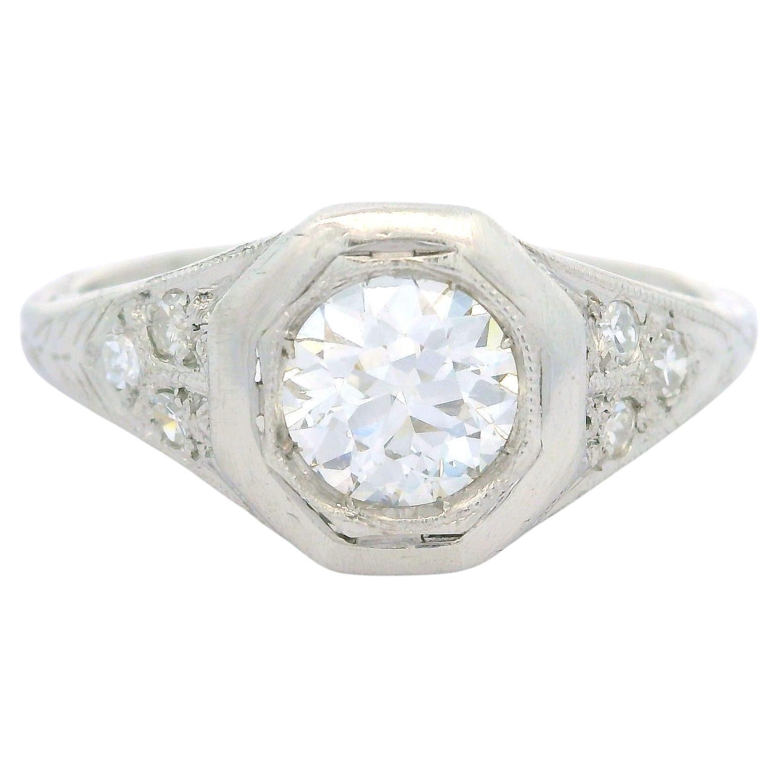 Antique Art Deco Platinum 0.73ctw Old Cut Diamond Filigree Octagonal Ring