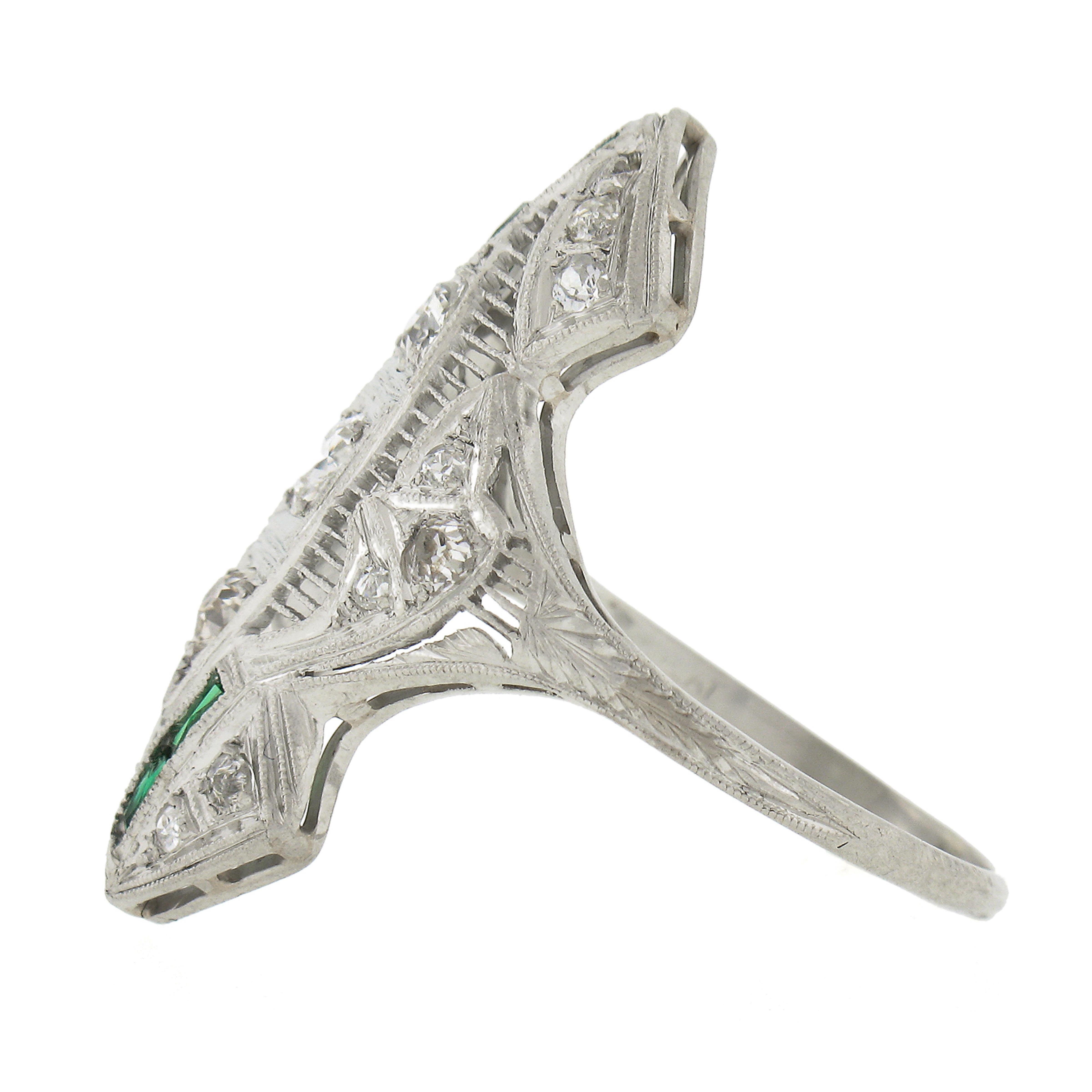 Old European Cut Antique Art Deco Platinum 0.75ct Old European Diamond & Emerald Long Dinner Ring For Sale