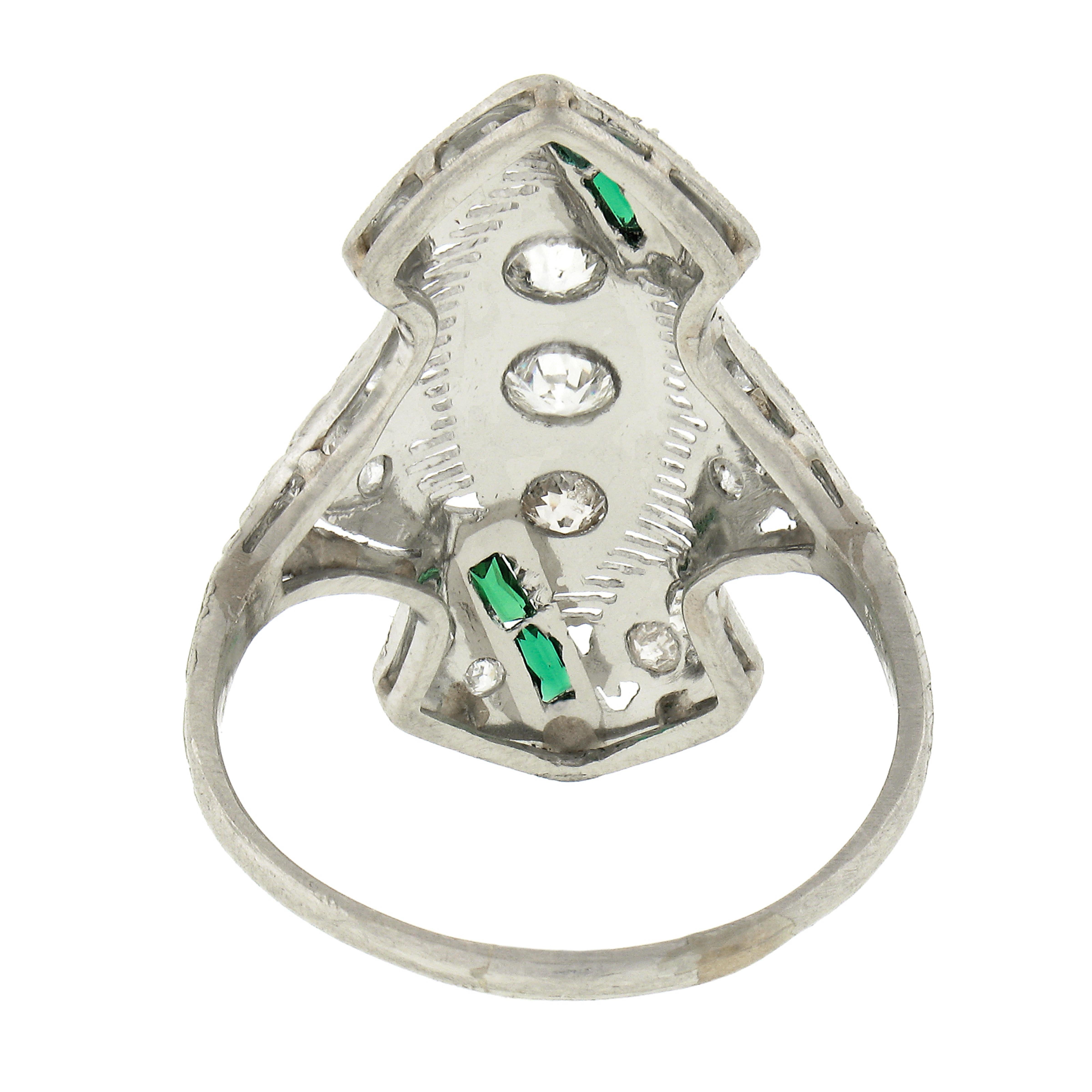 Antique Art Deco Platinum 0.75ct Old European Diamond & Emerald Long Dinner Ring In Excellent Condition For Sale In Montclair, NJ