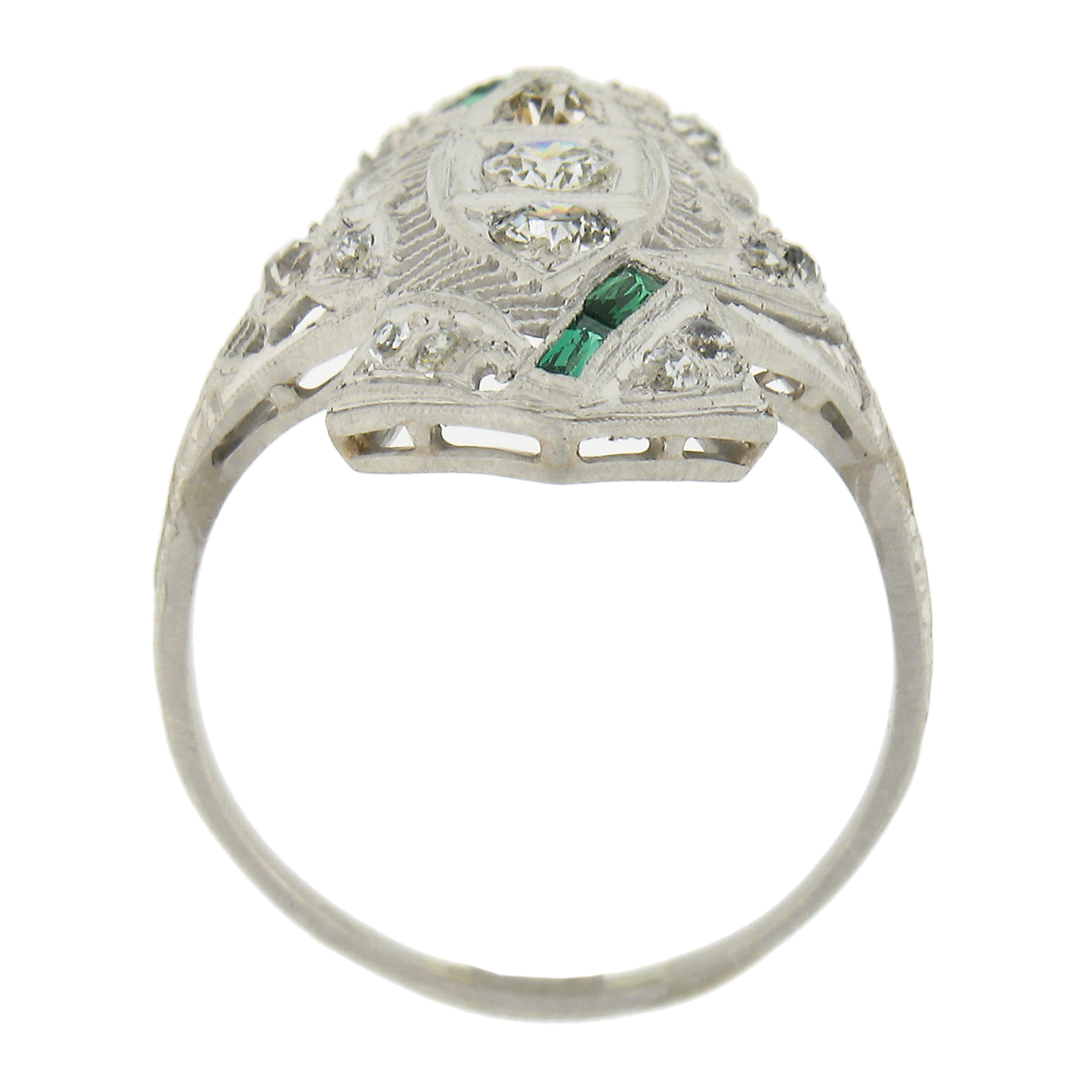 Women's Antique Art Deco Platinum 0.75ct Old European Diamond & Emerald Long Dinner Ring For Sale