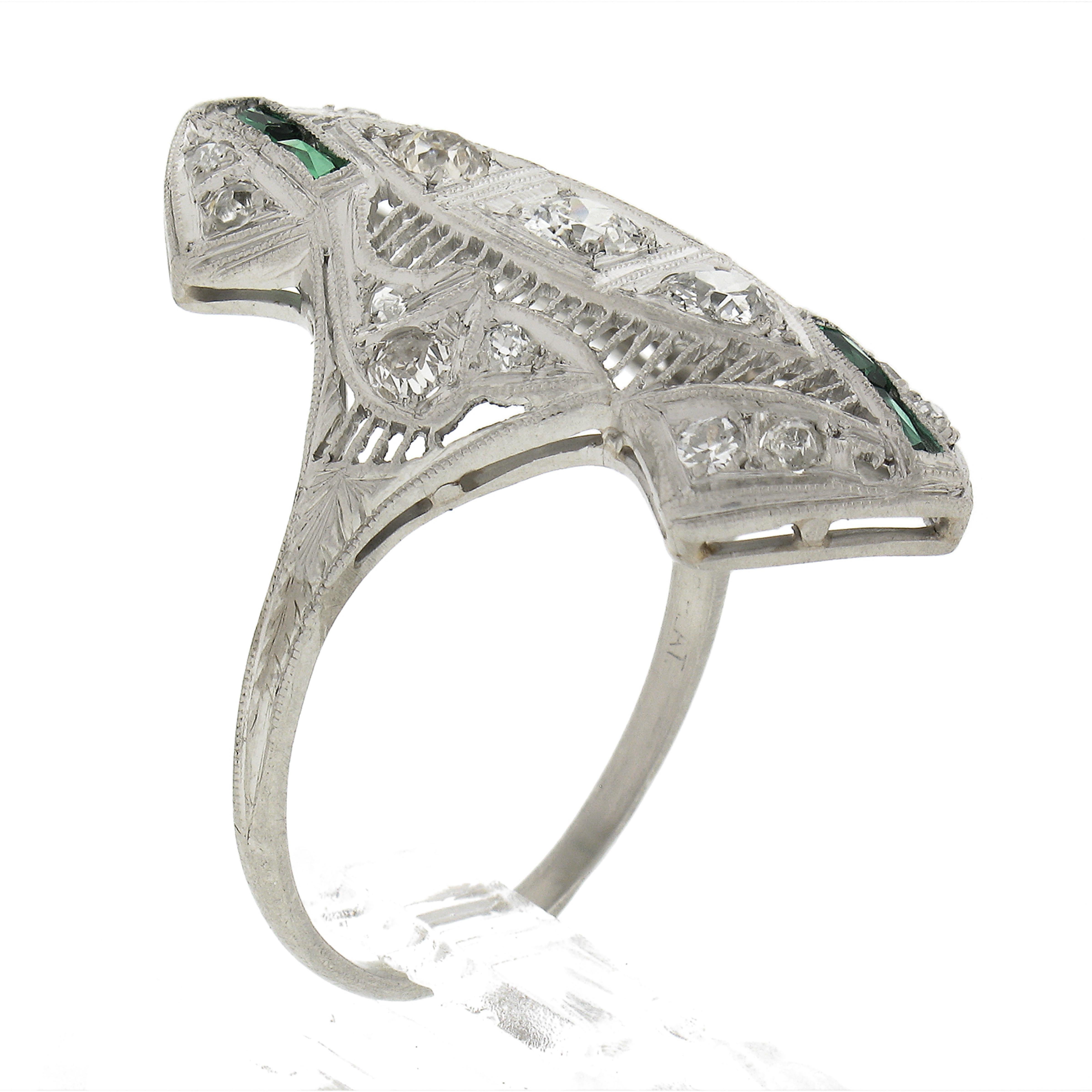 Antique Art Deco Platinum 0.75ct Old European Diamond & Emerald Long Dinner Ring For Sale 1