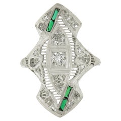 Antique Art Deco Platinum 0.75ct Old European Diamond & Emerald Long Dinner Ring