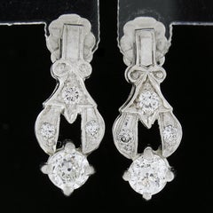 Antique Art Deco Platinum 0.83ctw Old European Diamond Dangle Earrings