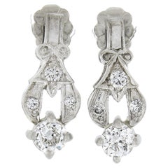 Antique Art Deco Platinum 0.83ctw Old European Diamond Dangle Earrings