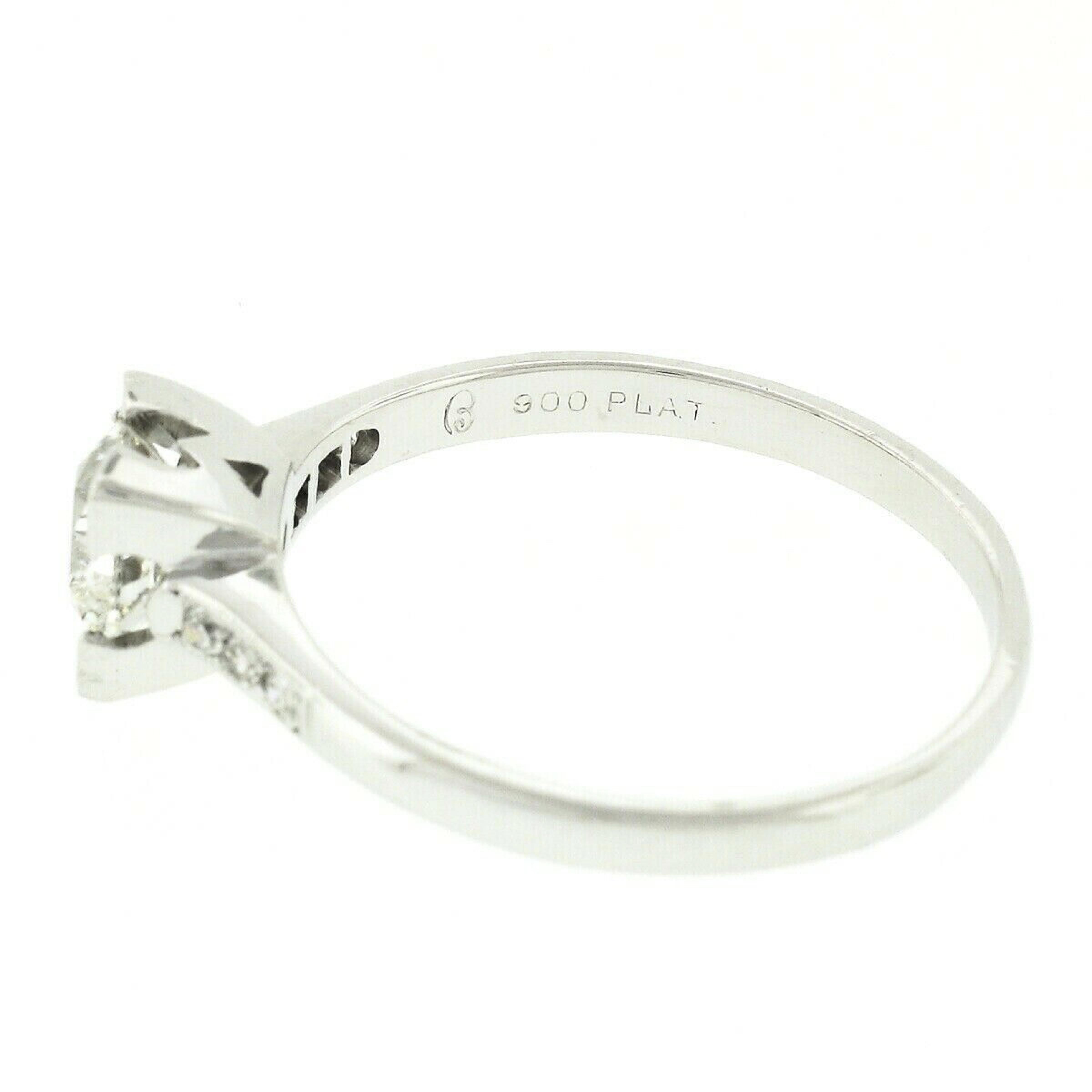 Antique Art Deco Platinum 0.87ctw European Cut Diamond Solitaire Engagement Ring For Sale 5